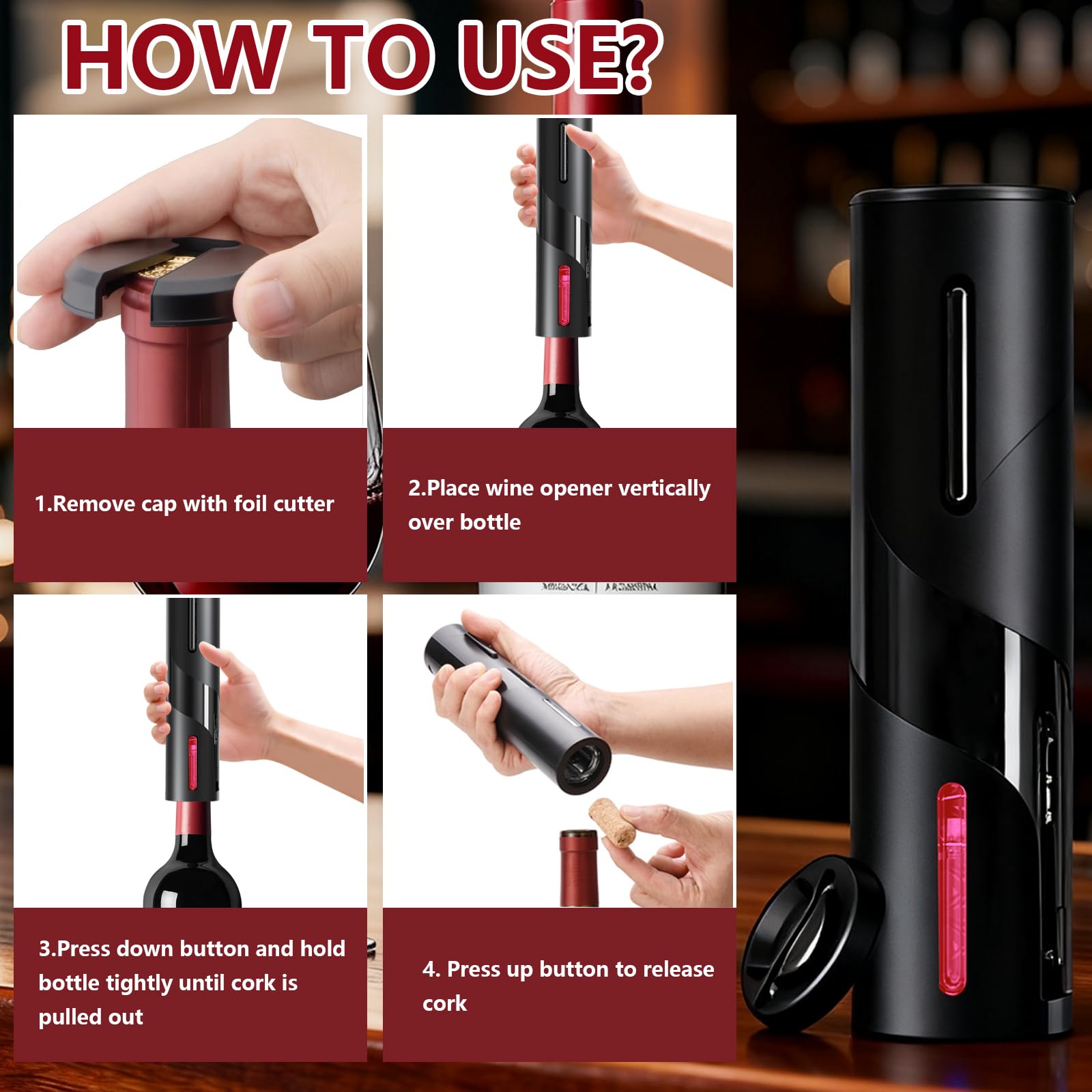 Sacacorchos eléctrico, Sacacorchos Eléctrico con Cortacapsulas Botella, Ideal para reuniones familiares y bares, Regalo hombre para amantes del vino (Abridor de botellas recargable - Negro)