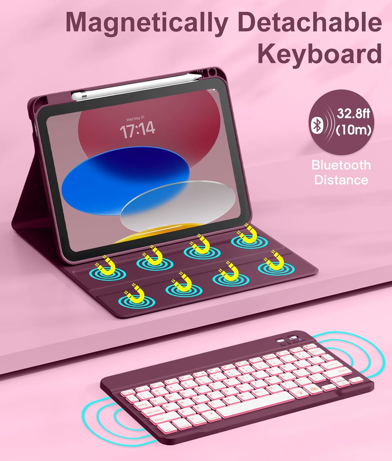 Hamile for iPad 11th 10th Generation Case with Keyboard - 7 Colors Backlit Wireless Detachable Folio Keyboard Cover with Pencil Holder for iPad A16 11-inch 2025 10th Gen 10.9 Inch 2022 (Dark Cherry)