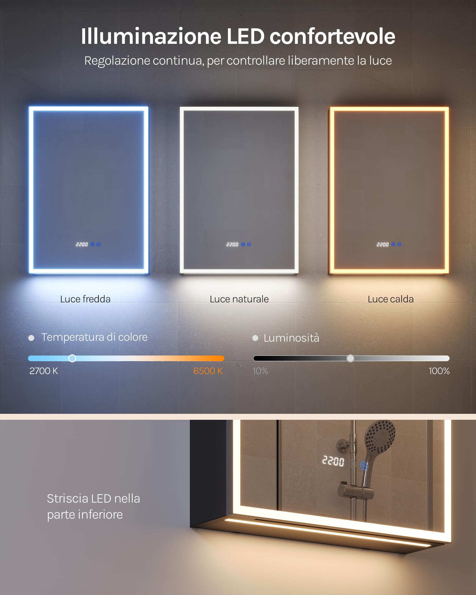 WOLTU Specchio Bagno Contenitore LED, Lega alluminio+Vetro temperato