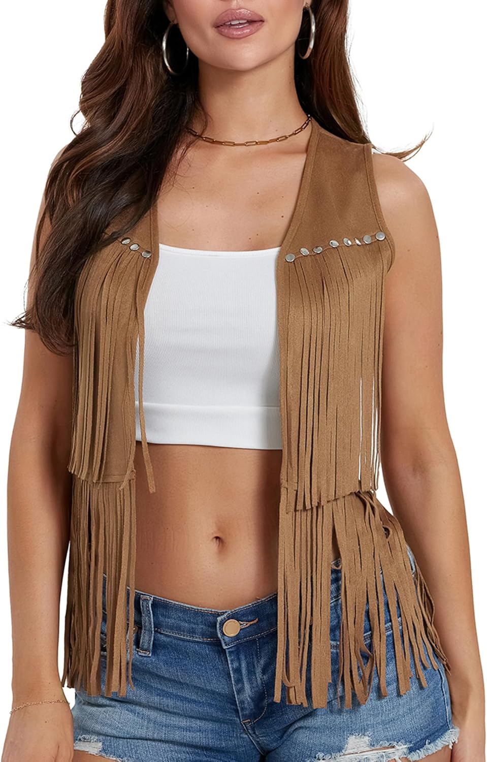 Women Tassel Vest 70s Hippie Faux Suede Rivets Sleeveless Fringe Waistcoat Open Fro...