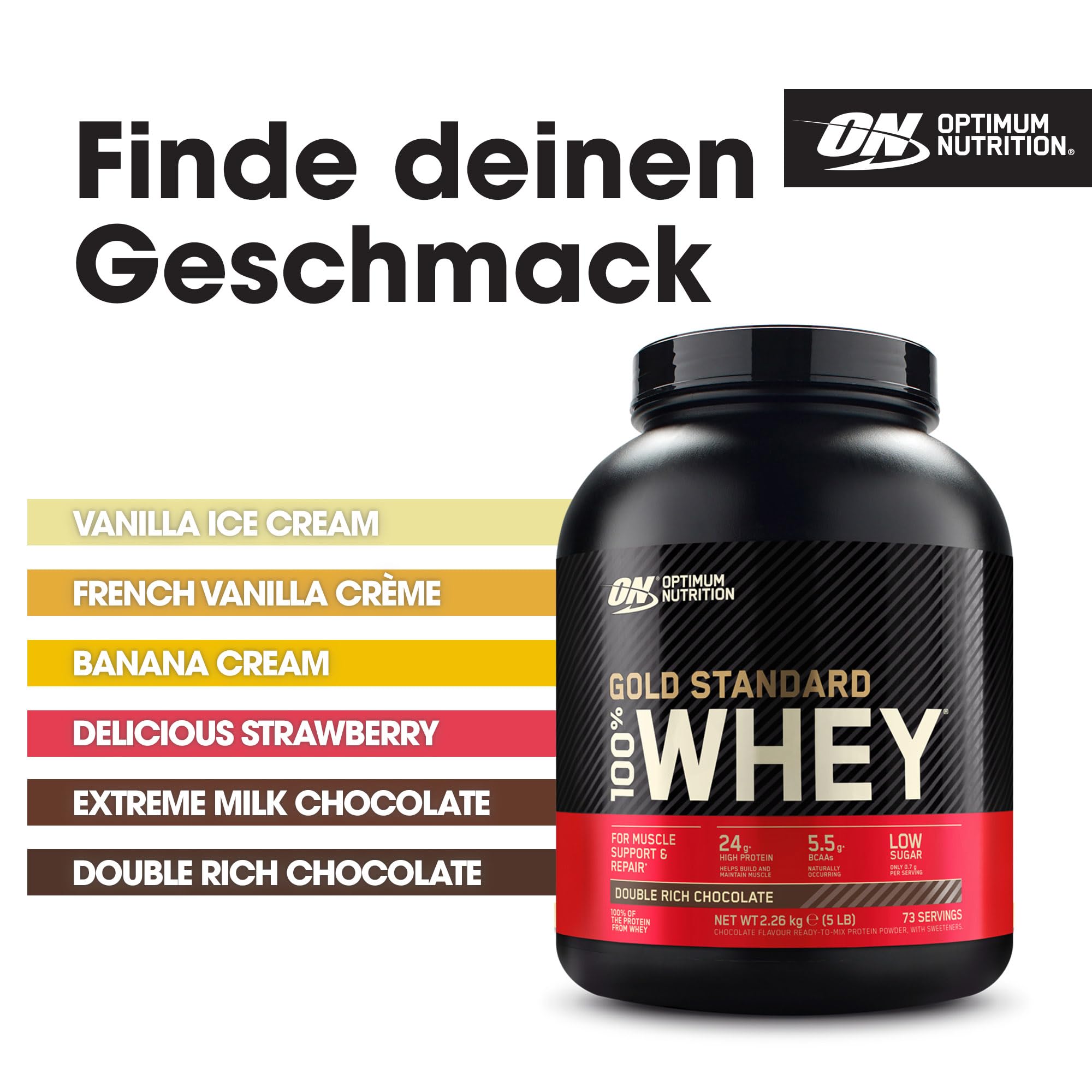 Optimum Nutrition Gold Standard 100% Whey, Proteinpulver, Geschmack Double Rich Chocolate, 2.26kg, 73 Portionen, Verpackung Kann Variieren