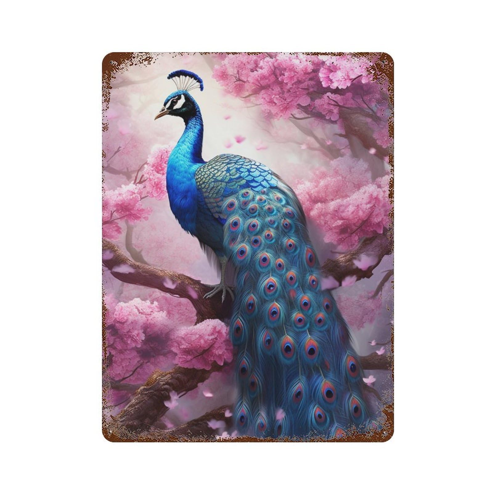 Peacock with Cherry Blossoms Distressed Metal Wall Sign 15.7"x11.8", Shabby Chic Decor for Garage, Pub Or Kitchen