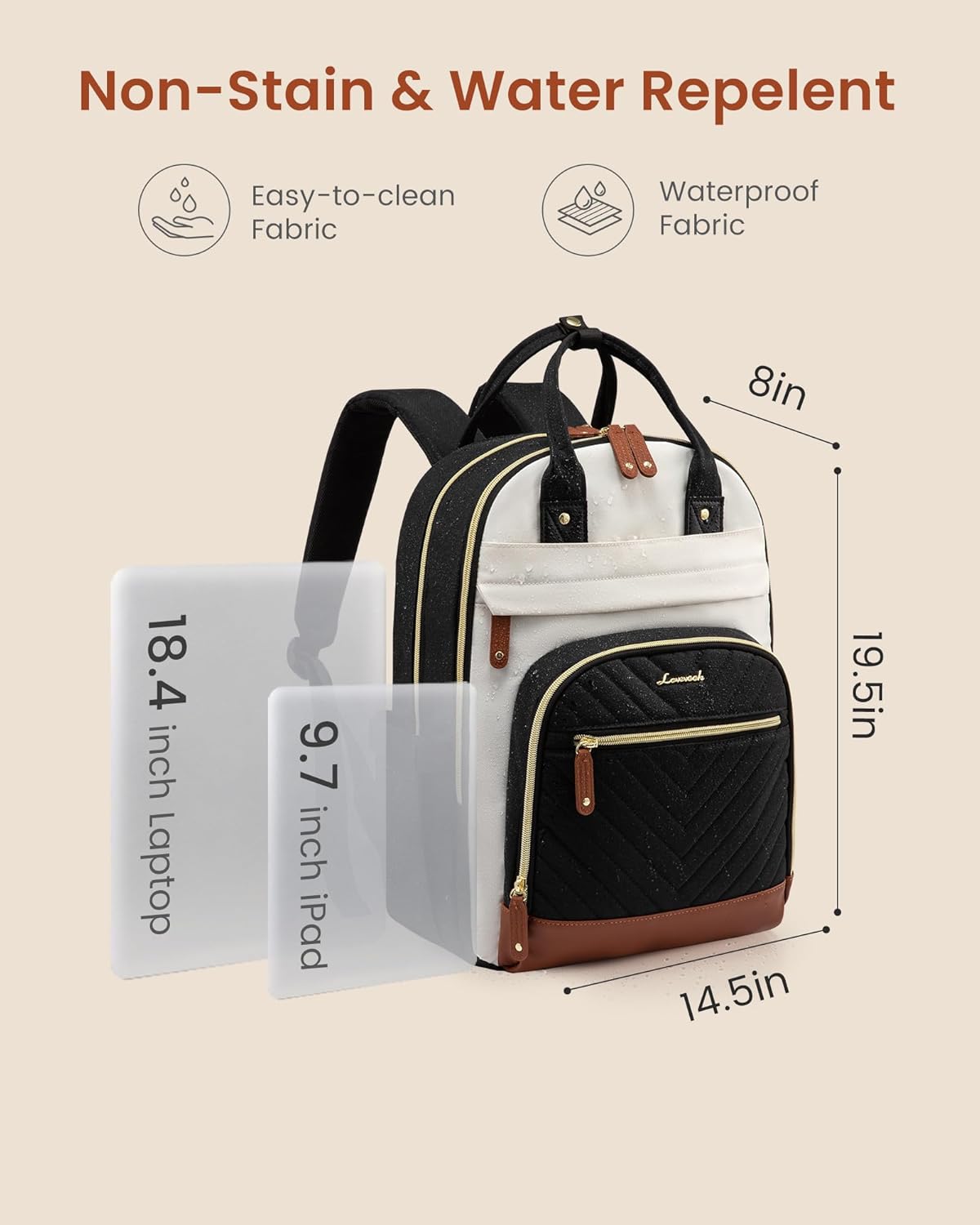 LOVEVOOK Laptop Backpack for Women with Giant Tumbler Holder Pocket,18.4 inch School College Book Bag Nurse Teacher Backpack,Waterproof Work Travel Backpack Purse Laptop Computer Bag,Beige-Black-Brown