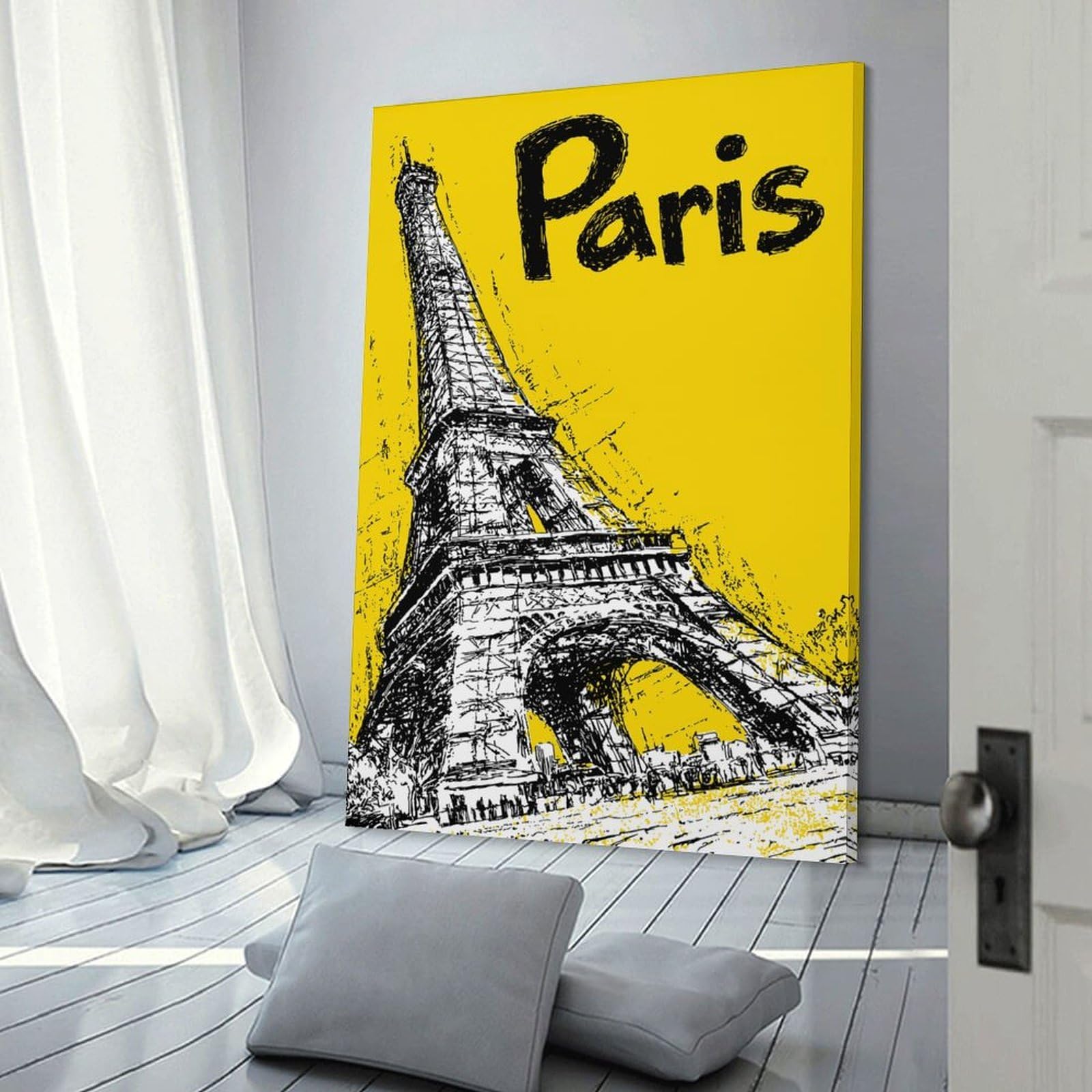 Junmoney Frame-Style-21 Canvas Wall Picture Eiffel Tower Paris Yellow Sketch, 08X12inch(20X30cm), For Bedroom, Lounge Or Dressing Area, Stylish Decor For A Restful Room Update