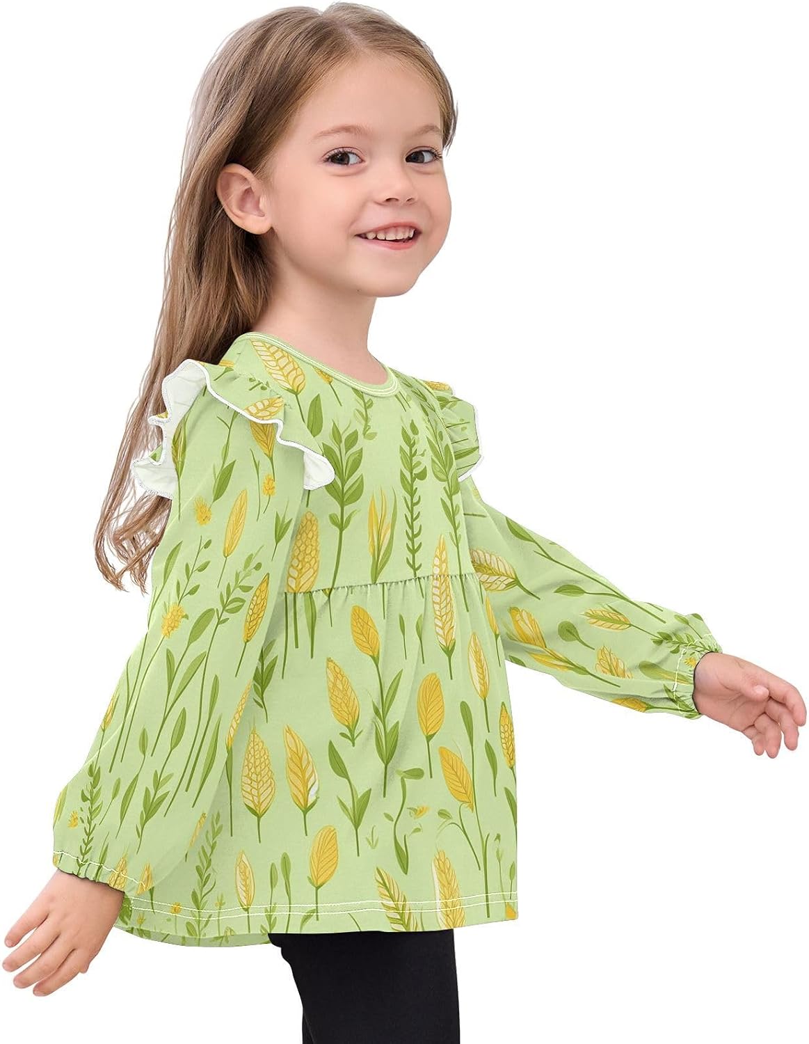 visesunny Toddler Clothes for Girls Green Wheat Autumn Long Sleeve Fall Shirts Cotton Top with Ruffle Collar
