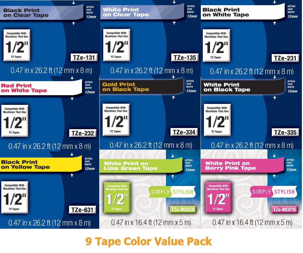 Genuine Brother TZe 1/2" (12mm) Color Variety Pack (9 Tapes) for All Brother P-Touch Label Makers That use TZe Series Tape.