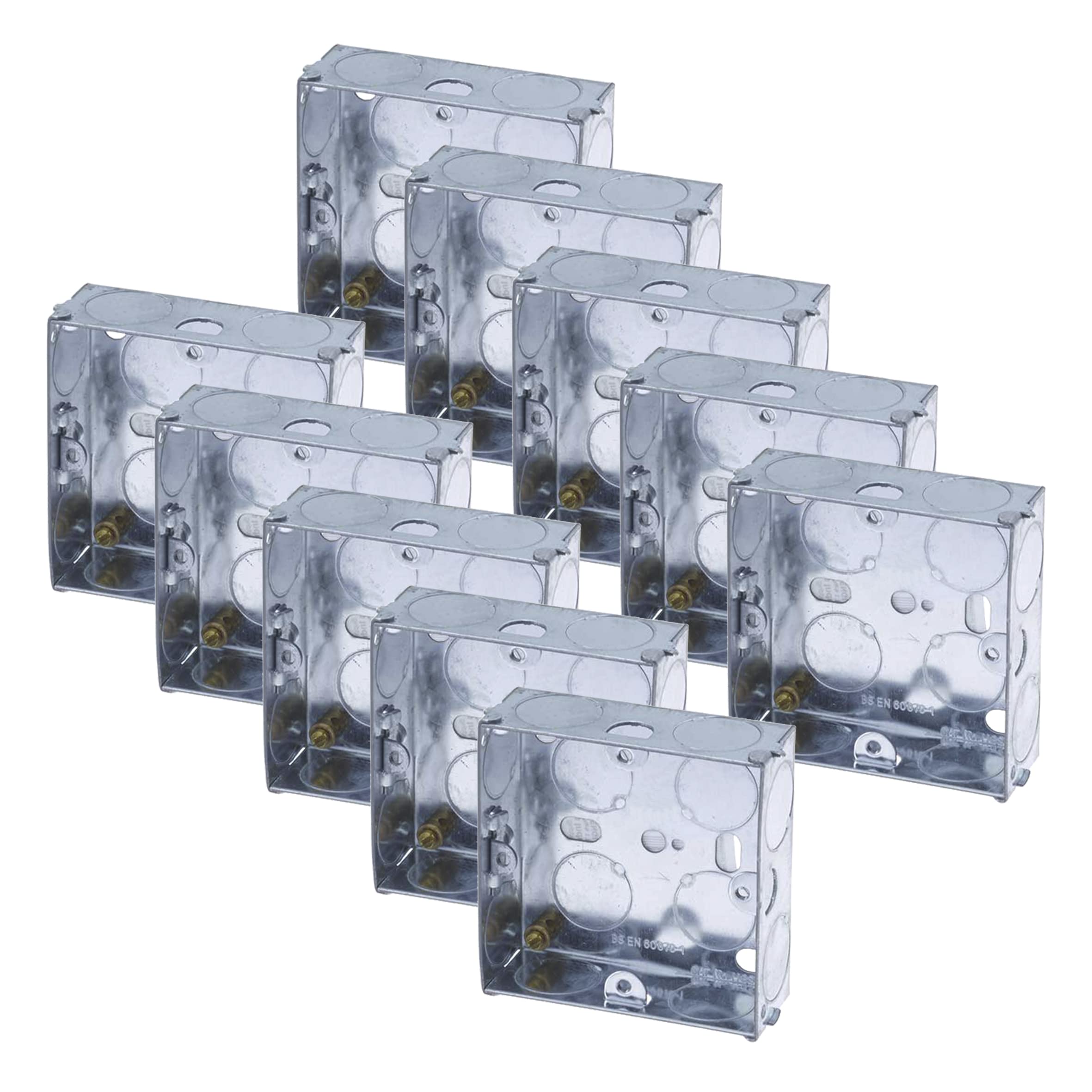 10x Pack 1 Gang Single 25mm Metal Back Box Electrical Socket Switch Recessed Wall Pattress 1G Flush Mount BS EN 60670 5733 UK Standard Brass Earth Screw Galvanised Steel - 10 Pack Multi-Buy