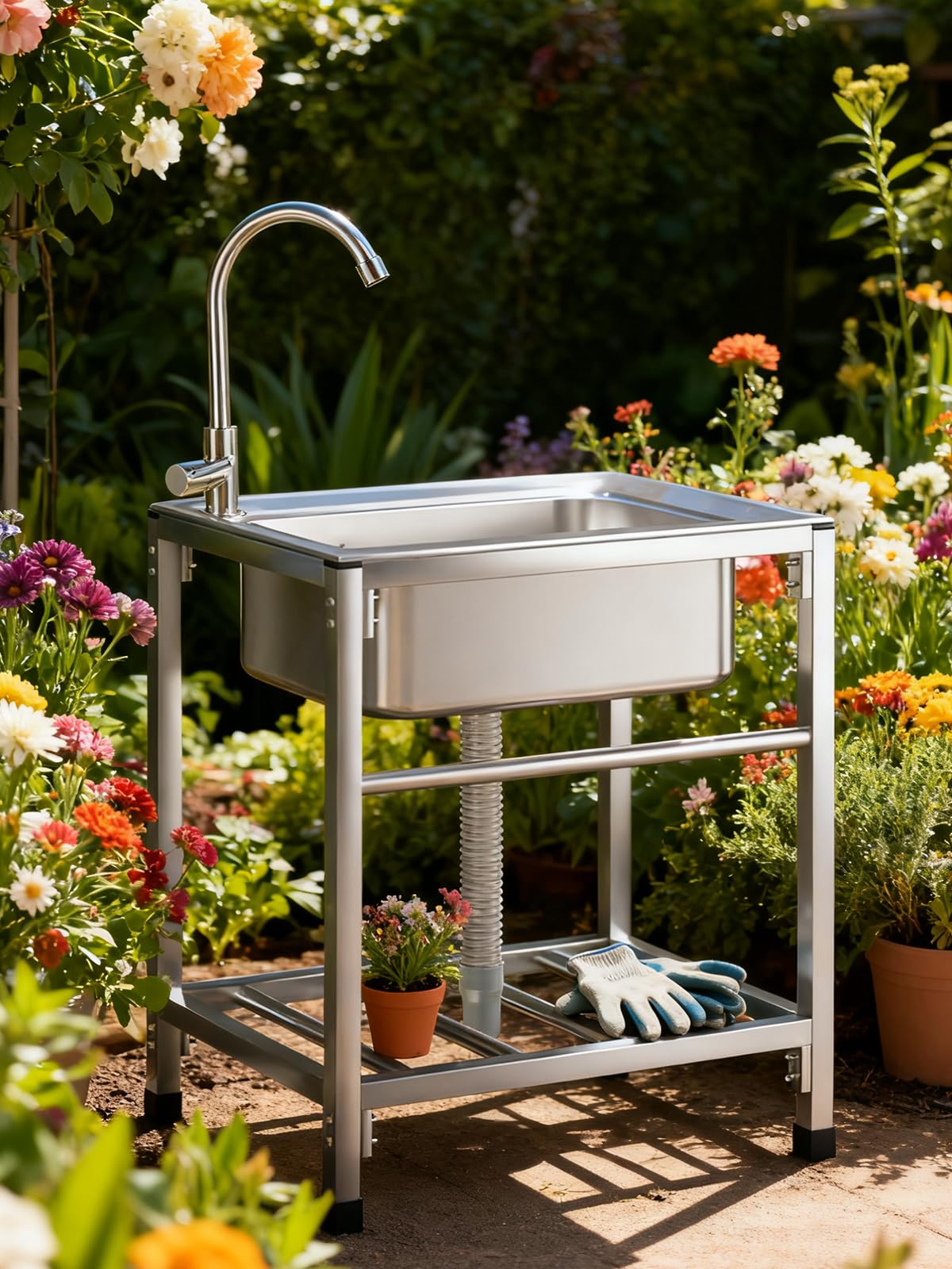 Freistehender Spültisch Edelstahl, Spülbecken mit Wasserhahn Gebürstet | Spüle Küche Spültisch 48X35cm Mobiles Gewerbliche Spülbecken Ausgussbecken Küchenspüle für Garage Garten Camping Outdoor