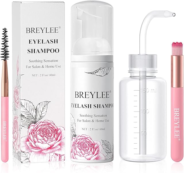 Eyelash Extension Shampoo, BREYLEE Eyelash Extension Cleanser Eyelash Extension Foam with Rinse Bottle+Brushes for Makeup Remover for Salon and Home Use(60ml, 2 fl oz)