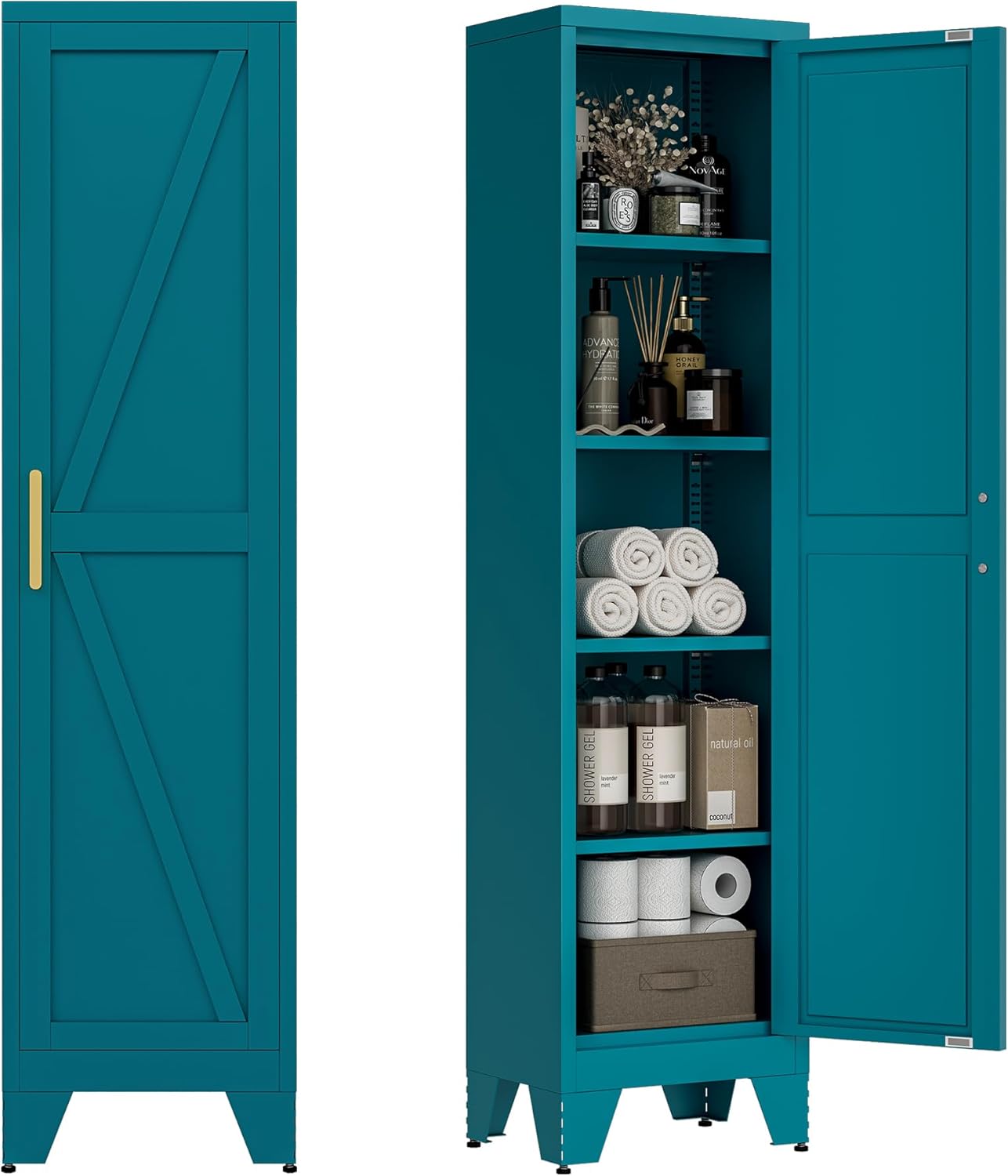 71" Tall Metal Storage Cabinet with 2 Doors and 4 Adjustable Shelves, 5-Tier Kitchen Pantry Storage Cabinet for Kitchen, Living Room, Dining Room and Office, Blue