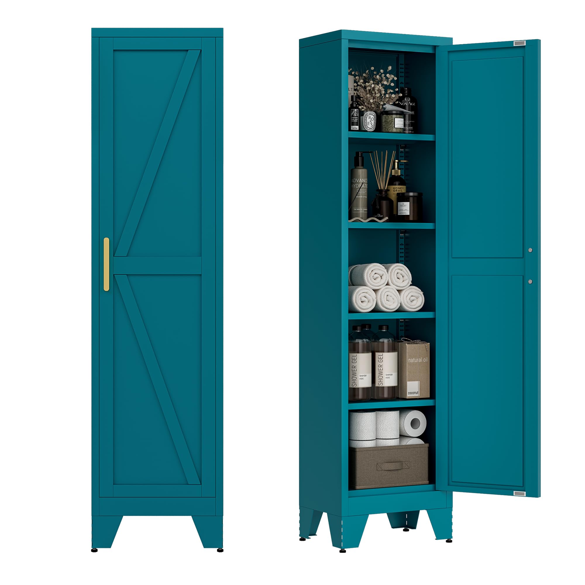 LCAOPC 67" Tall Narrow Bathroom Metal Storage Cabinet with 4 Adjustable Shelves, Freestanding 5 Tier Slim Pantry Storage Cabinet for Small Space, Peacock