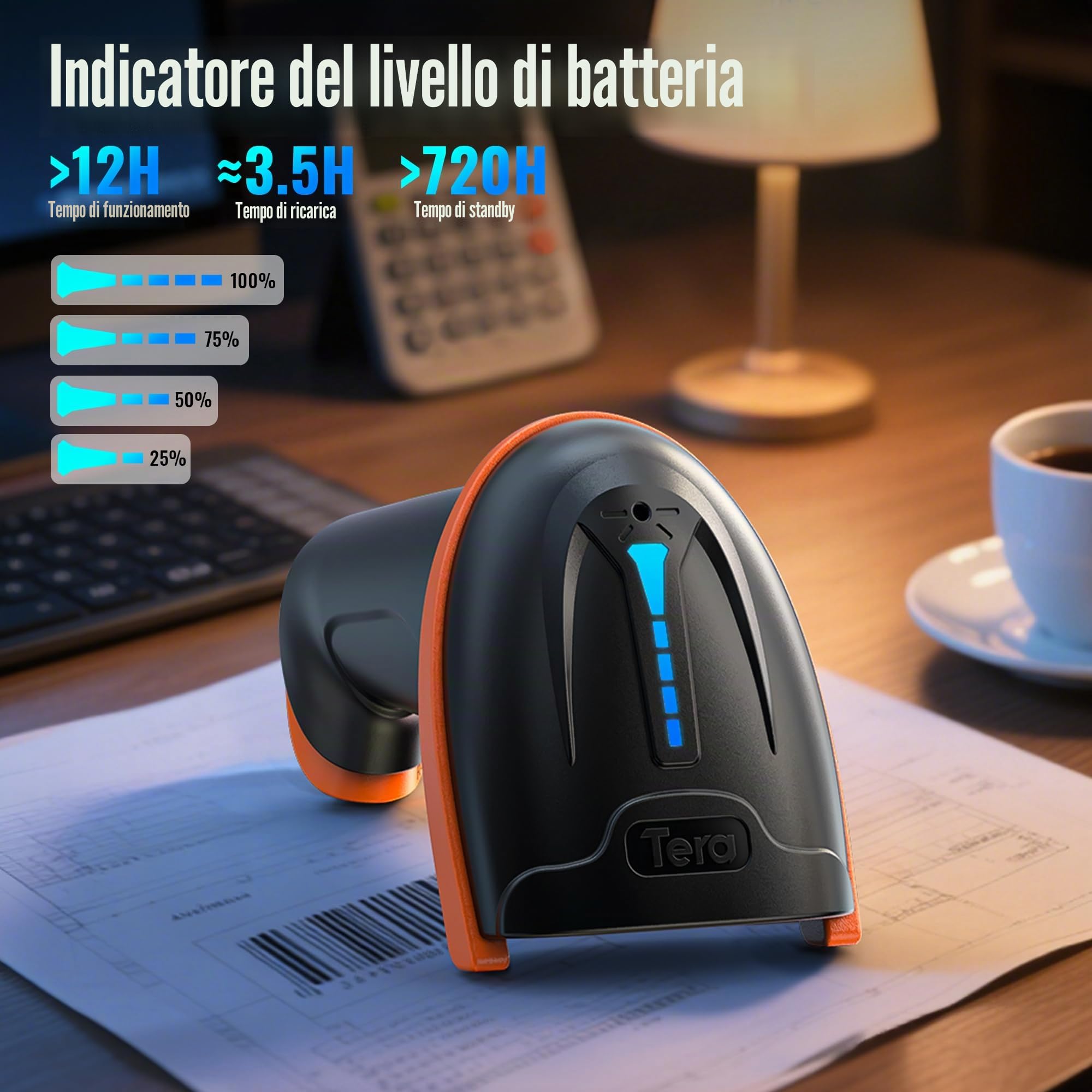 Tera Lettore di codici a barre 1D 2D QR senza fili 2,4 GHz + cavo USB 2,0, lettore di codici a barre con supporto, risoluzione 5 mil, portata 100 m, D5100.