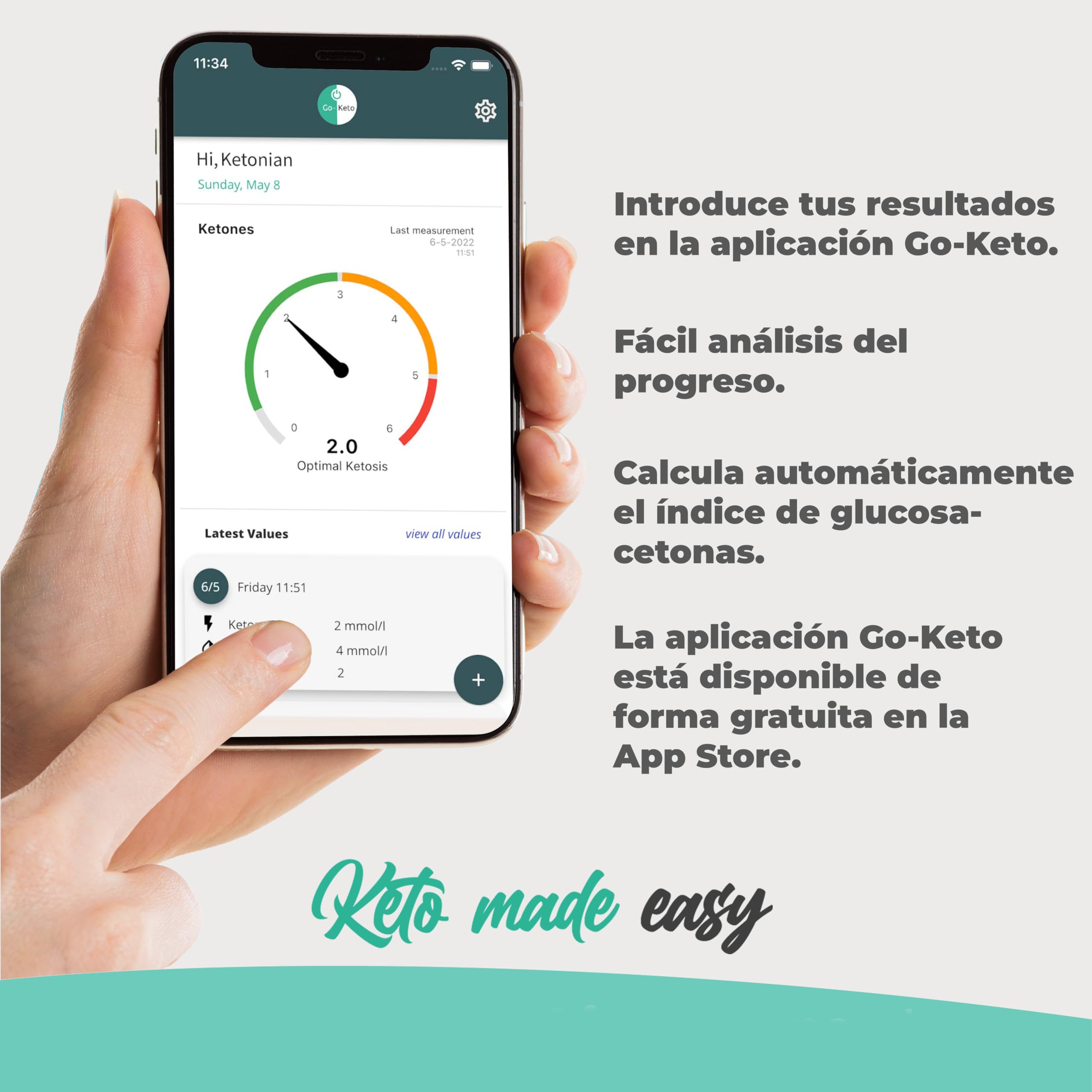 Medidor de cetonas Go-Keto (mg/dl) – Medidor de cetonas con 10 tiras reactivas – Mide fácilmente la cetosis para la dieta cetogénica