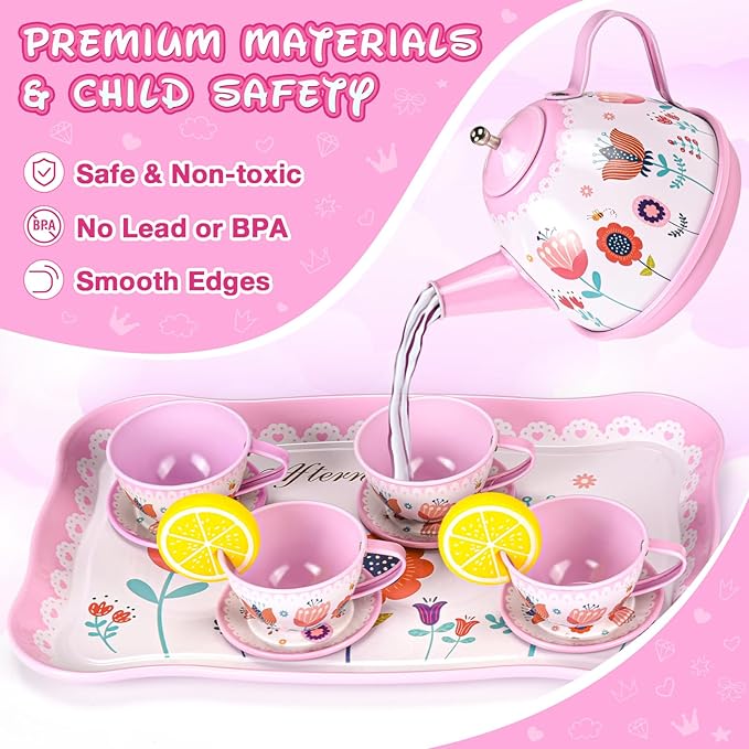 Tea Party Set for Little Girls: 63Pcs Pretend Play Toys, Princess Dress Up Tea Time, Tin Tea Sets for Toddlers 3-5 6 with Dessert, Carrying Case, Kids Kitchen Playset, Birthday Gift for Toddler Girls