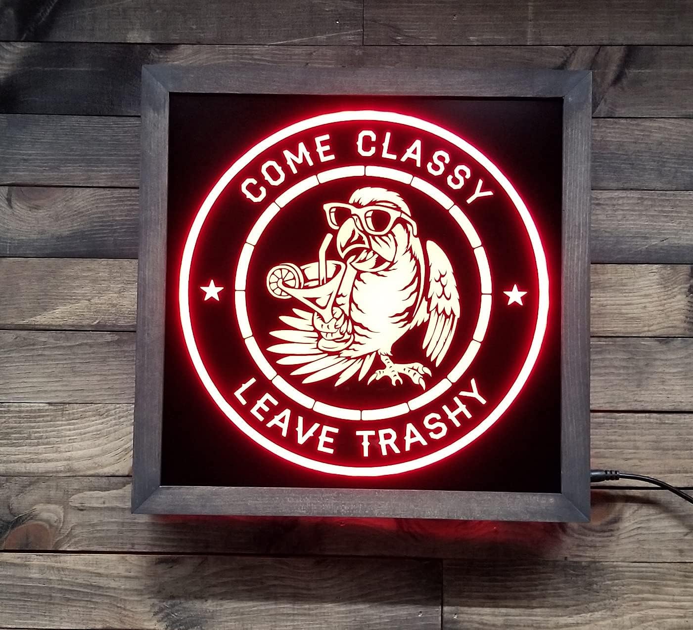 Bones & Smoke Co - Personalized Parrot Bar Light – “Come Classy, Leave Trashy” Design – Custom Name and Year – 12x12 Wood Frame RGB Remote Control Sign – Funny Tropical, Beach, or Tiki Bar Gift