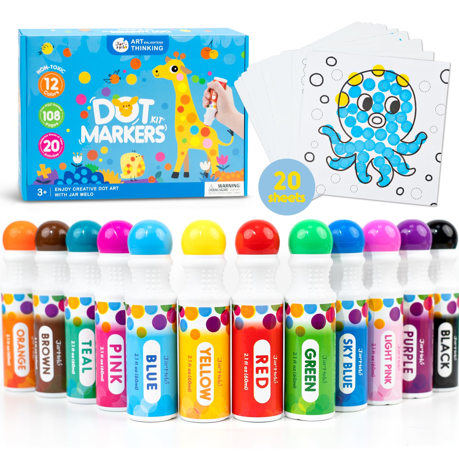 Washable Dot Markers for Toddlers, 12 Colors Bingo Dabber Pens with 120 PDF & 20 Activity Papers, Arts and Crafts Supplies for Preschool, Kids Ages 2-4 Years Old