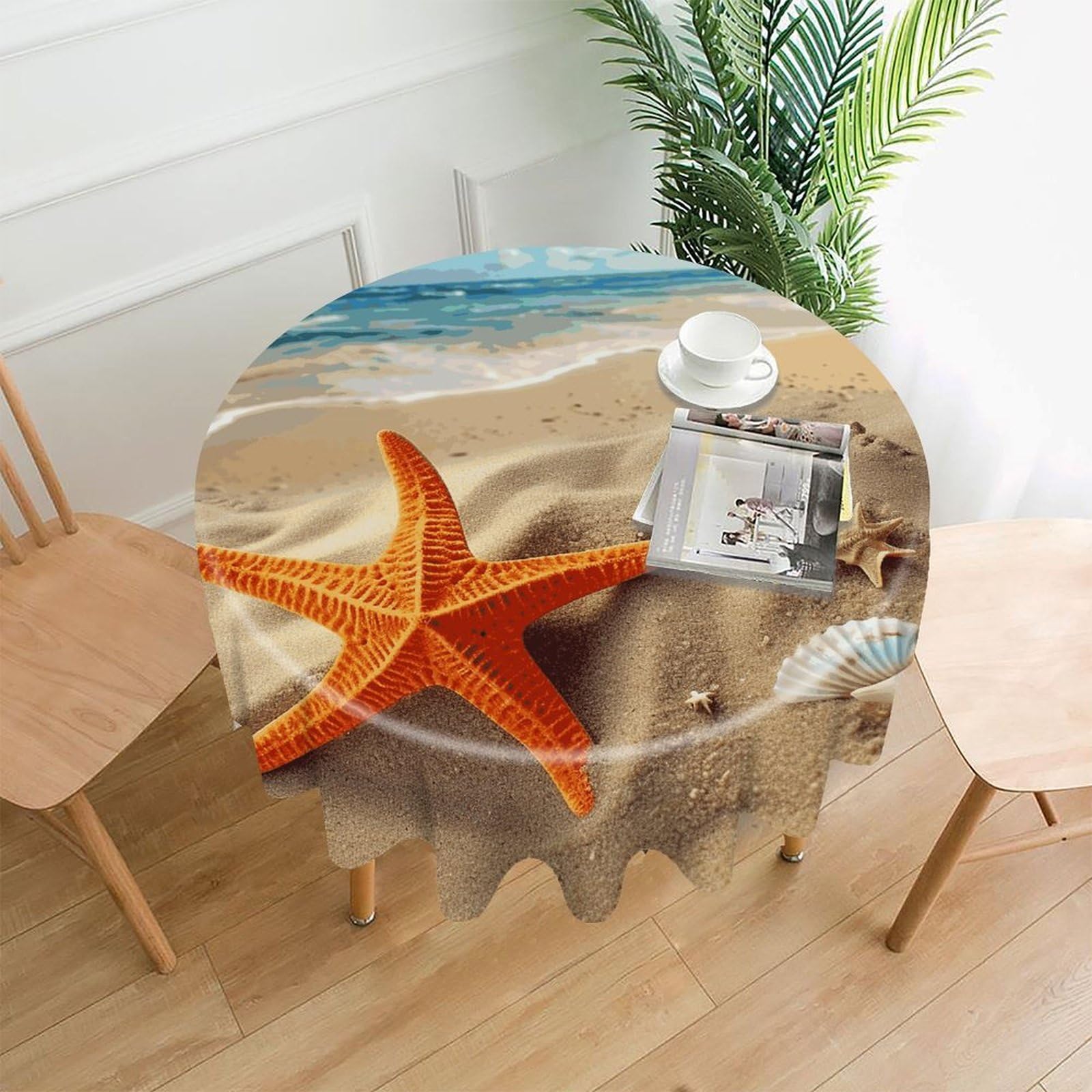 FekiLoot Sea Beach Starfish Round Tablecloth Cover 60 Inch Wrinkle Free Washable Polyester Fabric Table Cover Decorative Round Table Cloth for Home Dining Kitchen Party Farmhouse
