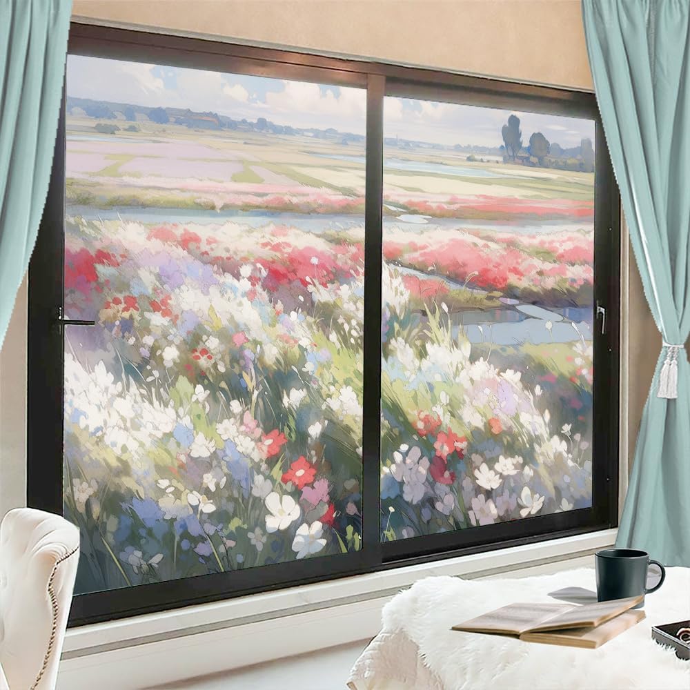 Flower Paradise Window Privacy Film Country Landscape Comic Stained Glass Window Film Decorative Window Cling for Home Window&Glass Door, Sun Blocking 17.7Wx23.6L-inch x2 Pcs