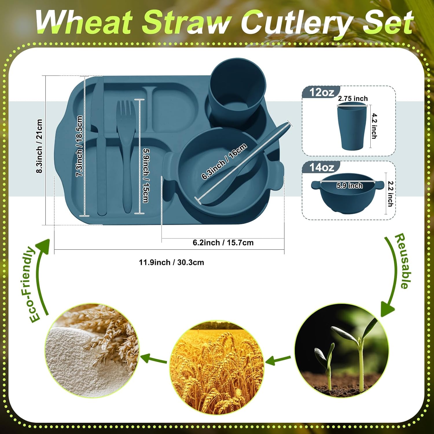 Tanlade 24 Pcs Wheat Straw Dinnerware Cutlery Sets, Divided Plates Unbreakable Bowl Microwave Dishwasher Safe Tableware Cutlery Spoon Knife Fork Cup(Dark Blue, Dark Green, Blue, Green)