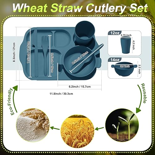 Miniatura 7 de Tanlade Juego de 24 cubiertos de paja de trigo, platos divididos, platos irrompibles, aptos para microondas, lavavajillas, cubiertos, cuchara,