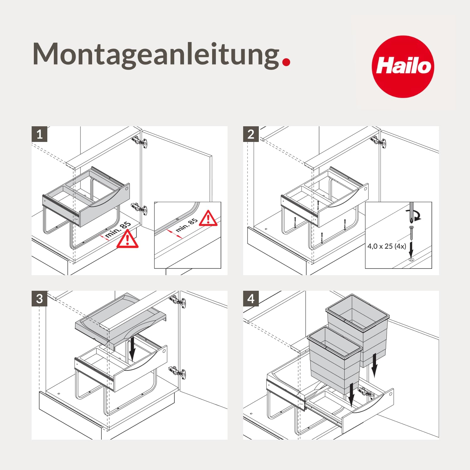 Hailo Abfallsammler 3644901 | 2fach Raumspar Tandem | 18 + 12L Inneneimer | ab 50 cm breiten Unterschrank mit Drehtür | Dunkelgrau