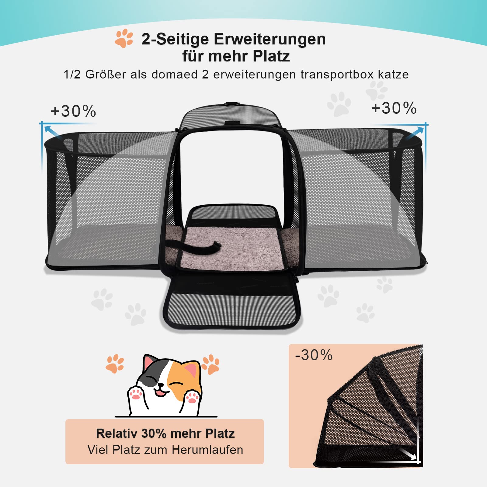 Morpilot Transportador para Gatos, Bolso expandible de 2 Lados para Gatitos y Cachorros de hasta 7 kg, Bolso Plegable de Viaje para Gatos Aprobado por la aerolínea con Almohadilla Lavable 45x36x30cm