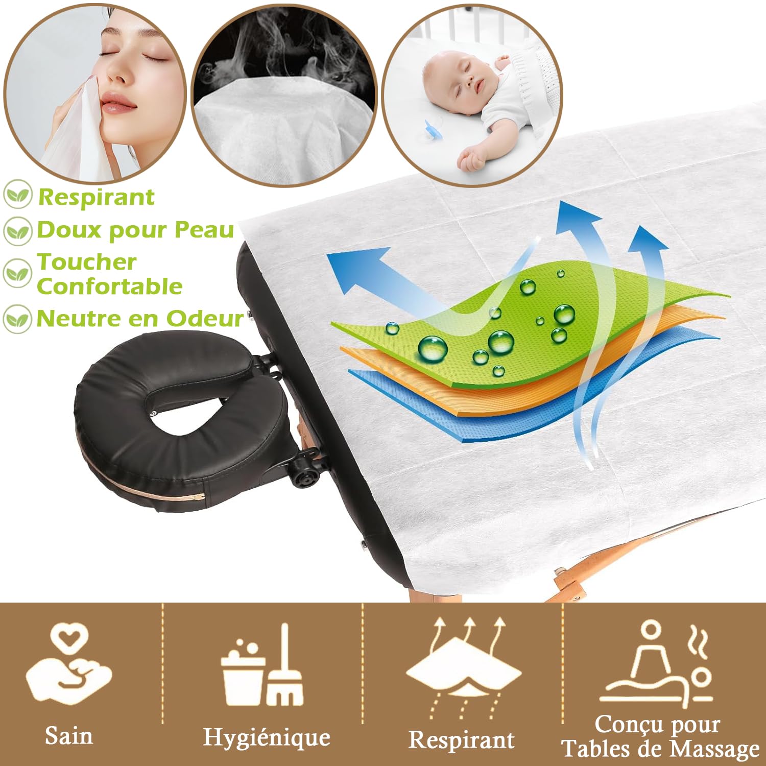 Lot de 100 Drap Jetable Non Tissé 80x180cm pour Table de Massage SPA Salon Tatouage Hôpital Blanc