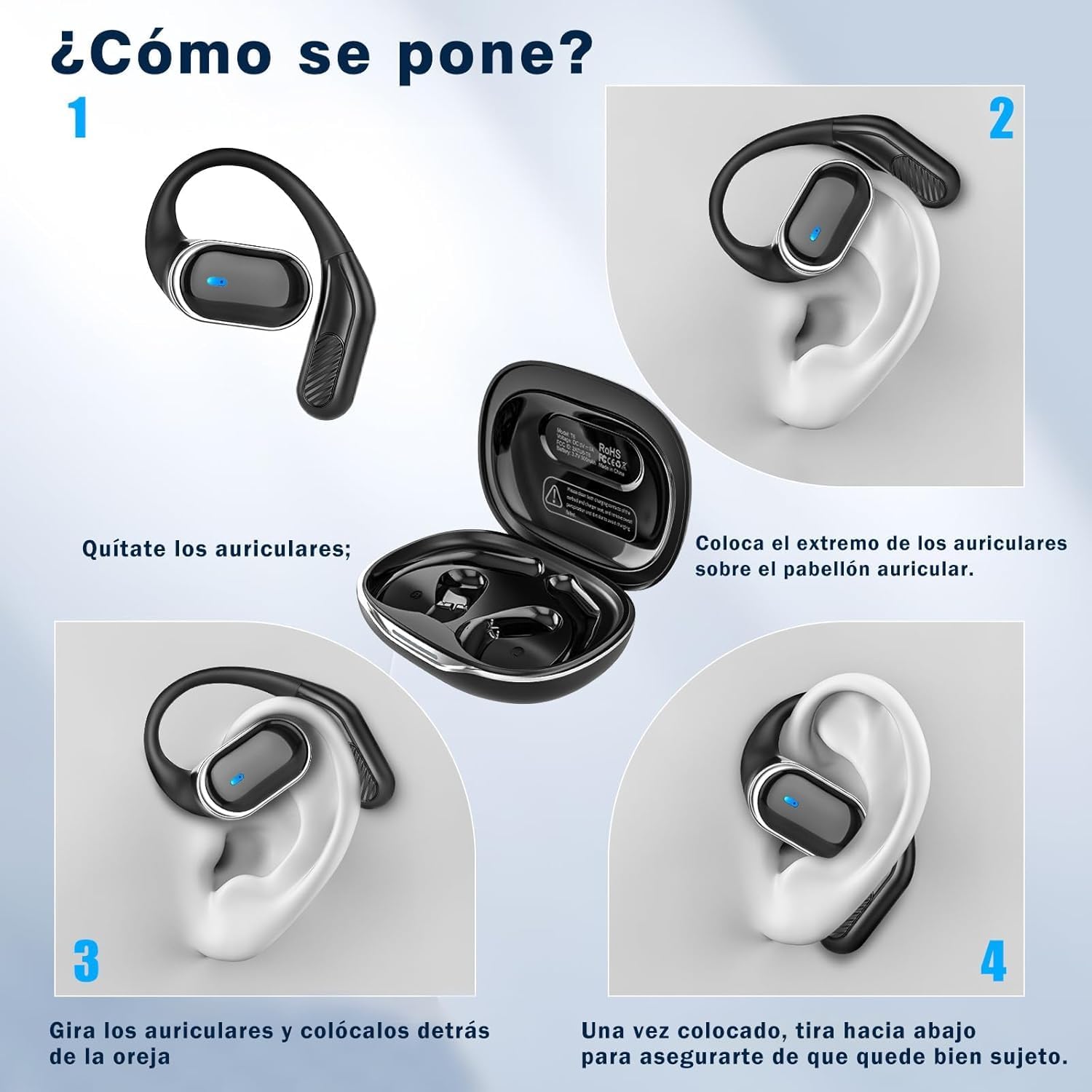Auriculares inalámbricos de oído abierto con Bluetooth 5.4, 50 horas de autonomía, sonido estéreo y cancelación de ruido ENC; auriculares resistentes al agua (IPX7) con gancho ergonómico para deporte 5