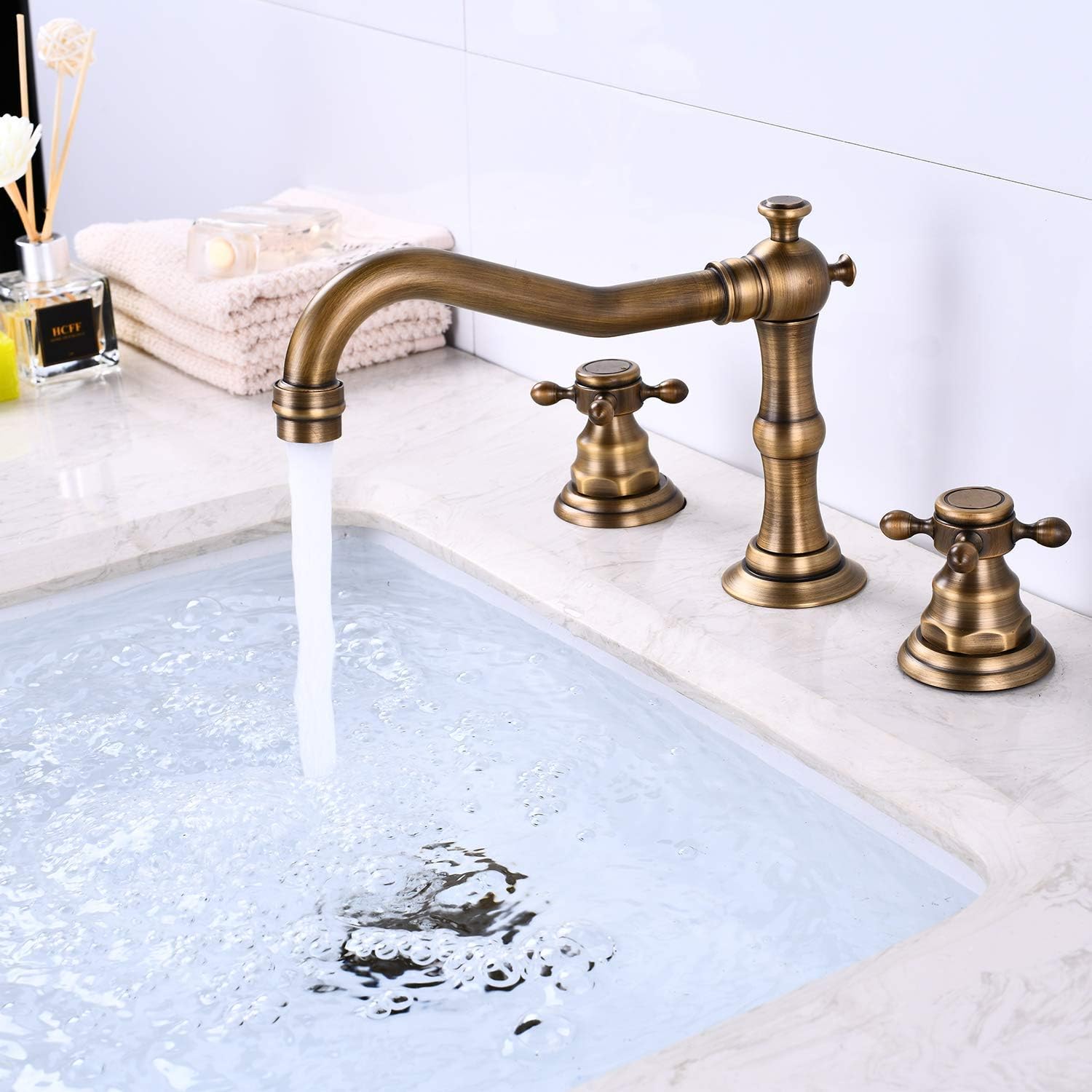 Antique brass Clawfoot Bathtub Faucet Wall Mount Hand Held Shower Faucet Set Double cross Handle with Matching Antique Brass Widespread Bathroom Faucet 3 Holes Deck Mounted Victorian Style