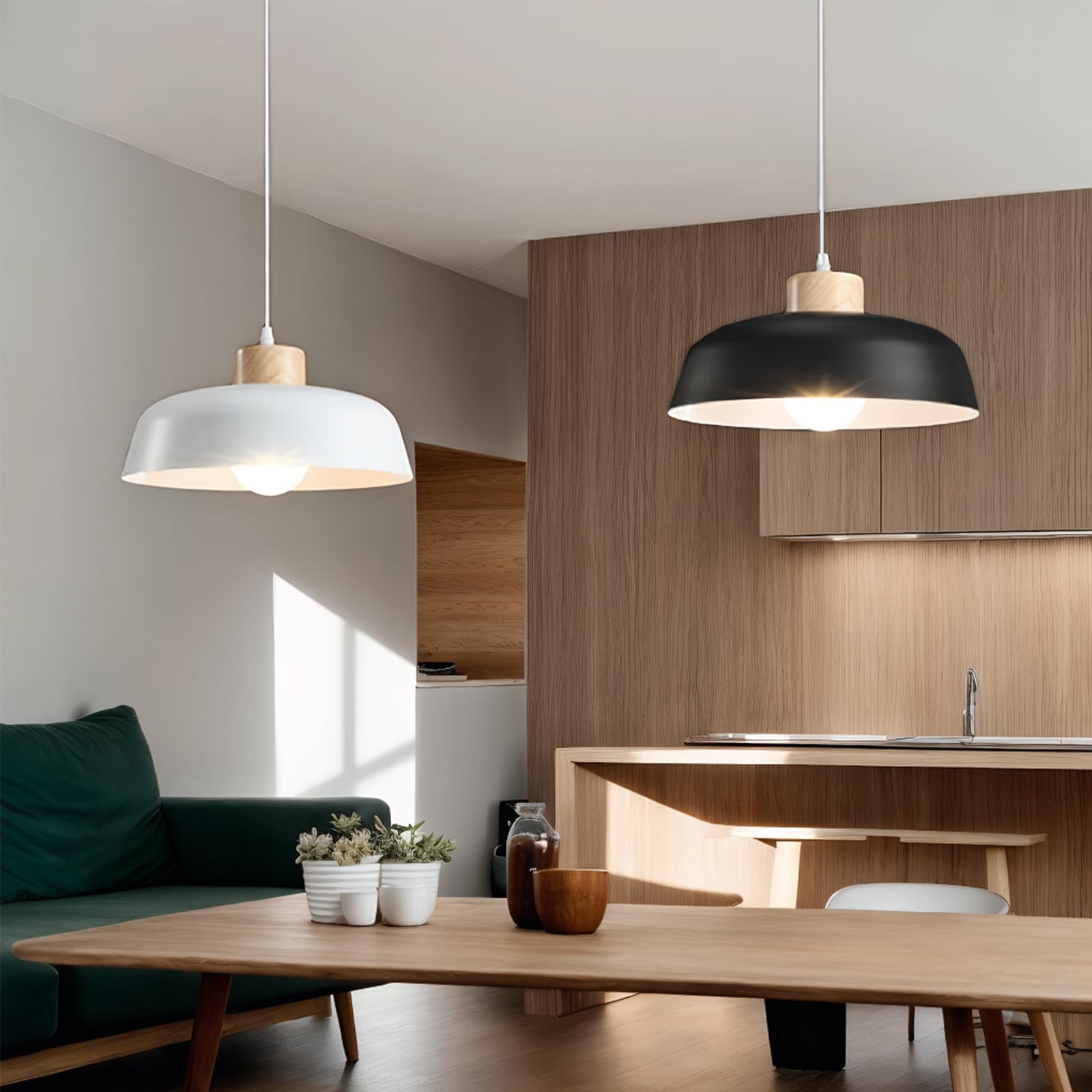EKSED Makaron, okrągła metalowa lampa wisząca, 300 mm, nowoczesne proste drewniane wykończenie E27 Loft Bar Lampa sufitowa, kuchnia wyspa żyrandol do jadalni (biały)