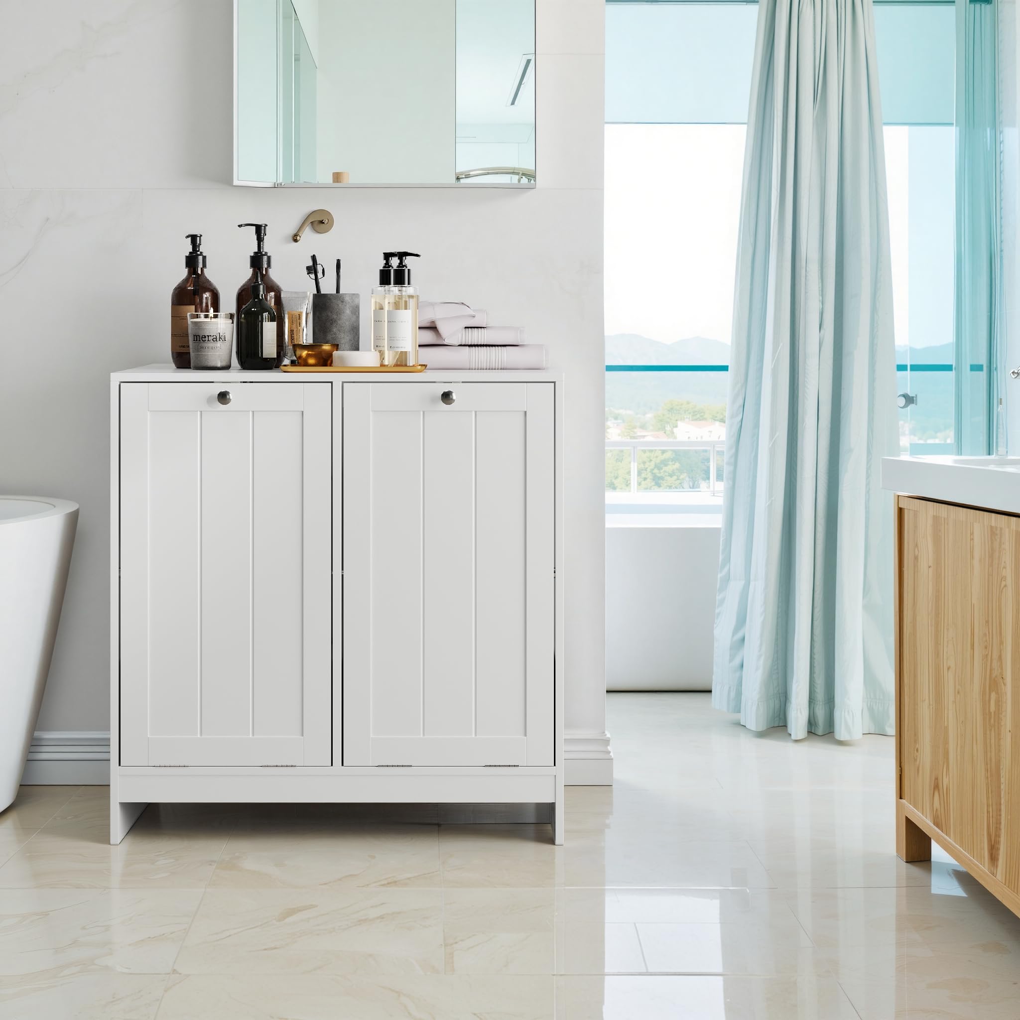 Badezimmerschrank mit Wäschekorb 42x32x76 cm Weiß, kippbar, 2 herausnehmbare Körbe, mit Wäschekippe und Kippschutz, freistehend, für Waschküche und Bad