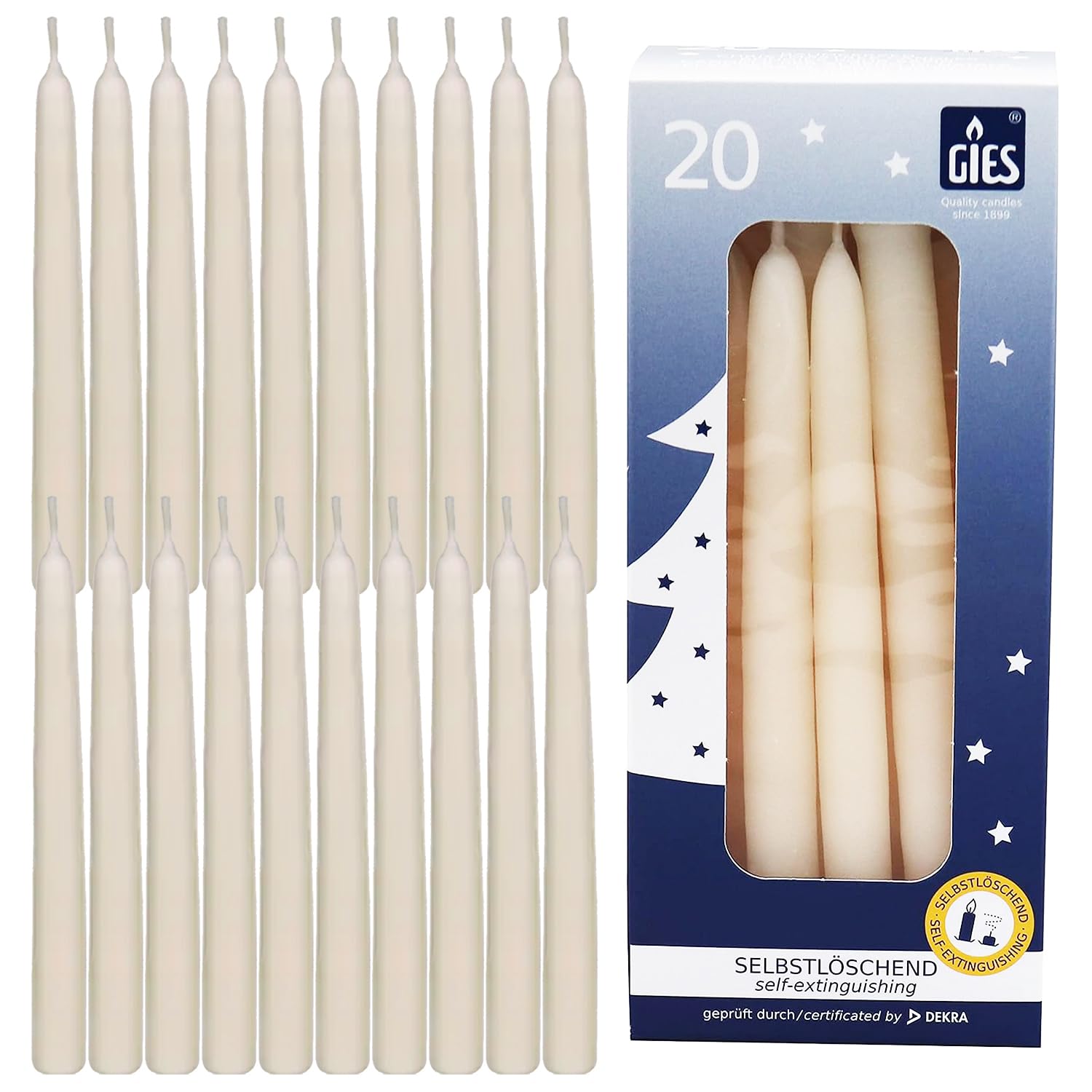 GIES Kerzen Set Creme | 200er Pack selbstlöschende Baumkerzen Wachs 12,4 cm x 1,2 cm (10x20 Stück) | Weihnachtskerzen Pyramidenkerzen Christbaumkerzen | Handgetauchte Qualität