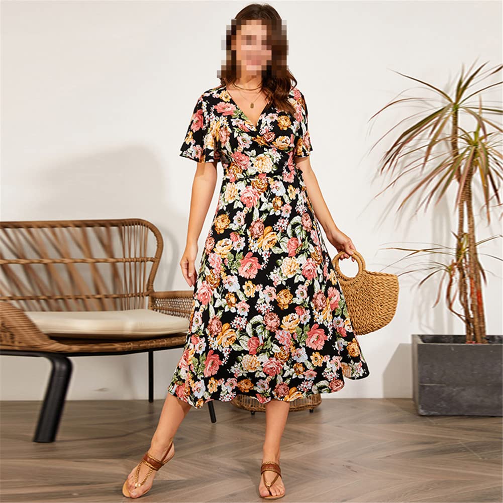 Vsadsau Vestido largo de gasa de verano para mujer, manga corta, cuello en V, talla grande, estampado floral, vestido midi casual