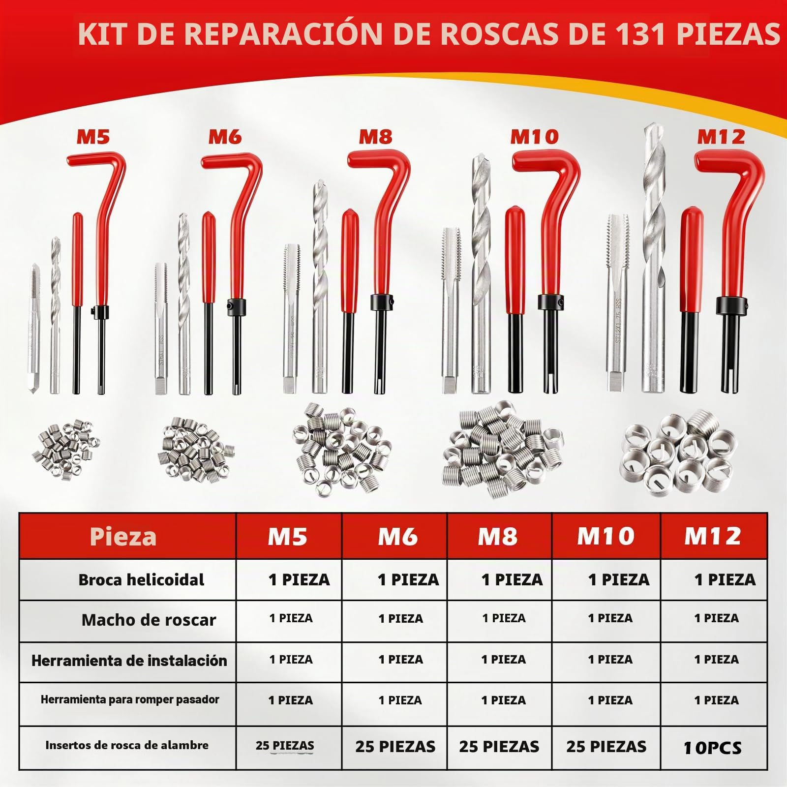 FreeTec 131 Piezas Kits de Reparación de Roscas, M5/6/8/10/12 Herramientas Interior para Reparación de Roscas para Automóvil