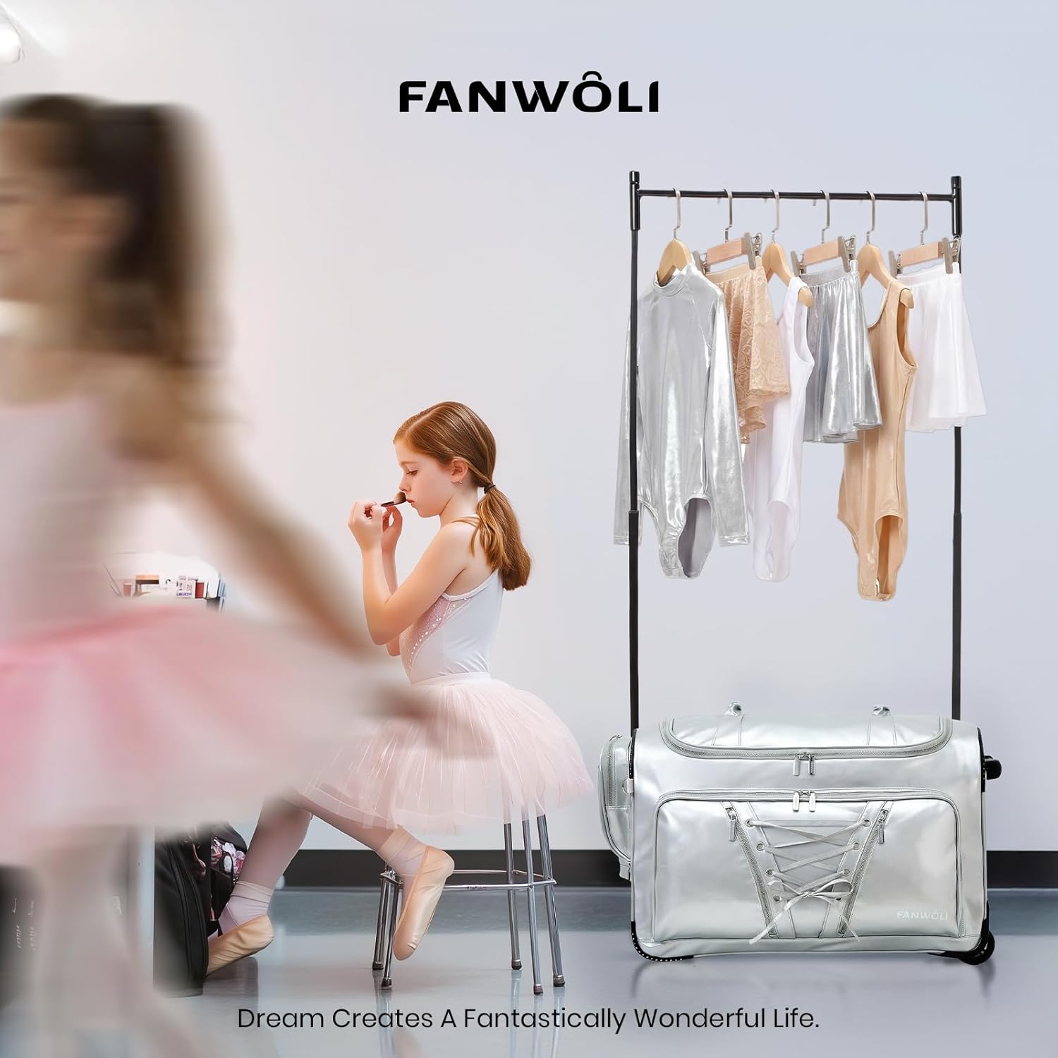 Fanwoli 23" Dance Bag with Garment Rack | Luminous Poise Collection | Waterproof Lustrous Satin Fabric | Competition Travel Duffel Luggage for Cheer, Skating, Gymnastics & Sleepover | Moonlight Silver