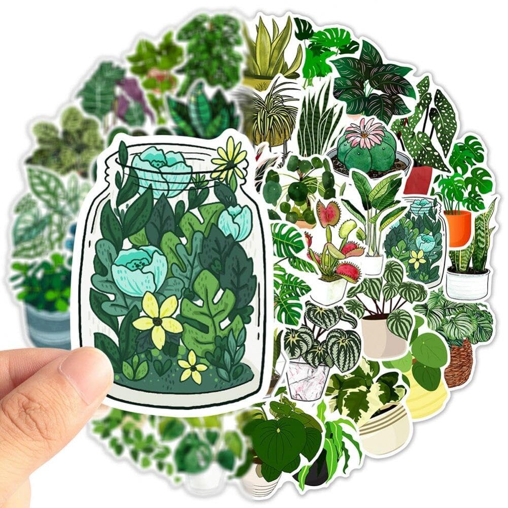 Danlai Women's Green 50Pcs Cute Plants Stickers Aesthetic Plants Stickers Cartoon Sticker For Diy Fridge Notebook Phone Suitcase