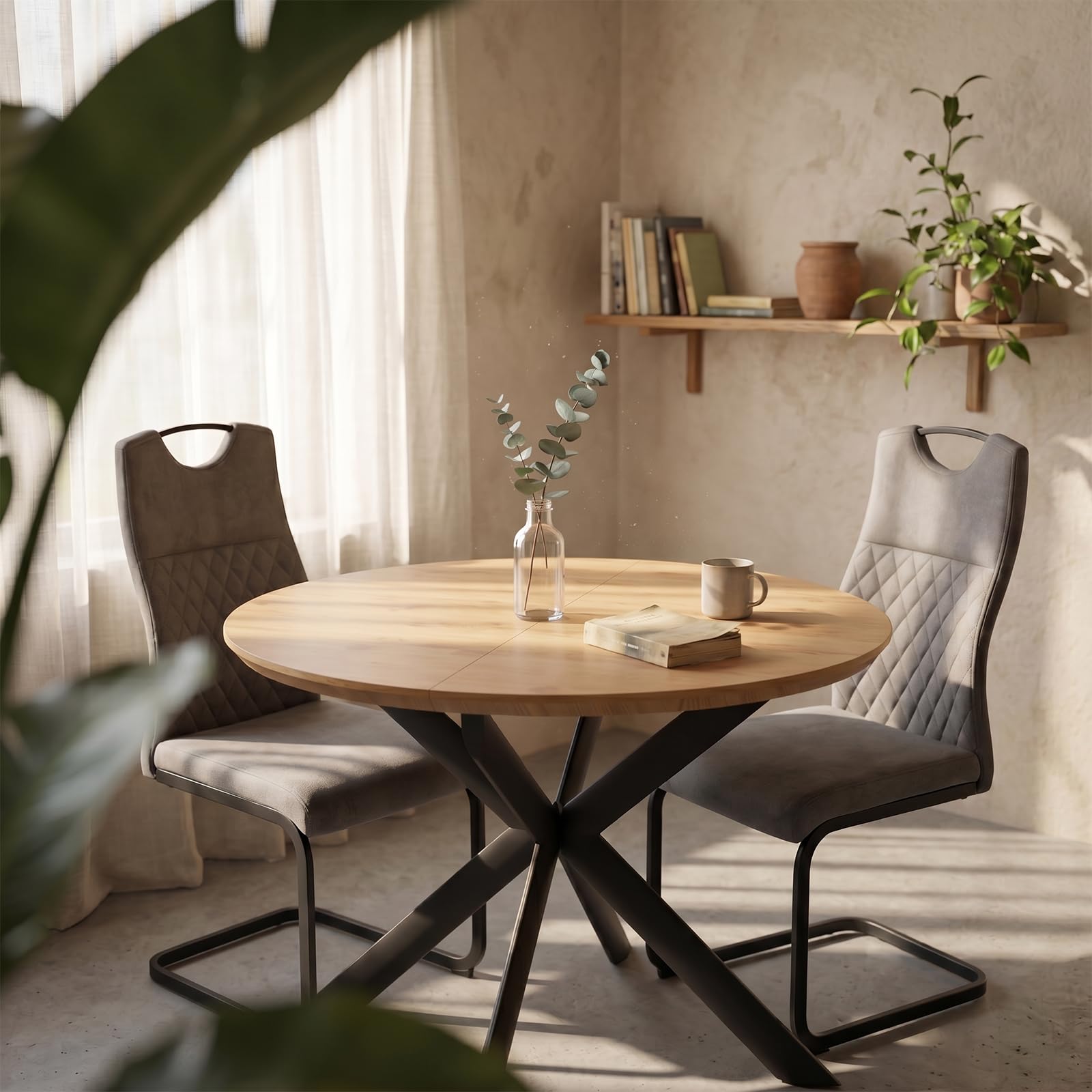 JIEXI Set tavolo da pranzo rotondo allungabile 110 x 150 cm, finitura rovere, piano rotondo in MDF, stile moderno e contemporaneo, per sala da pranzo e cucina