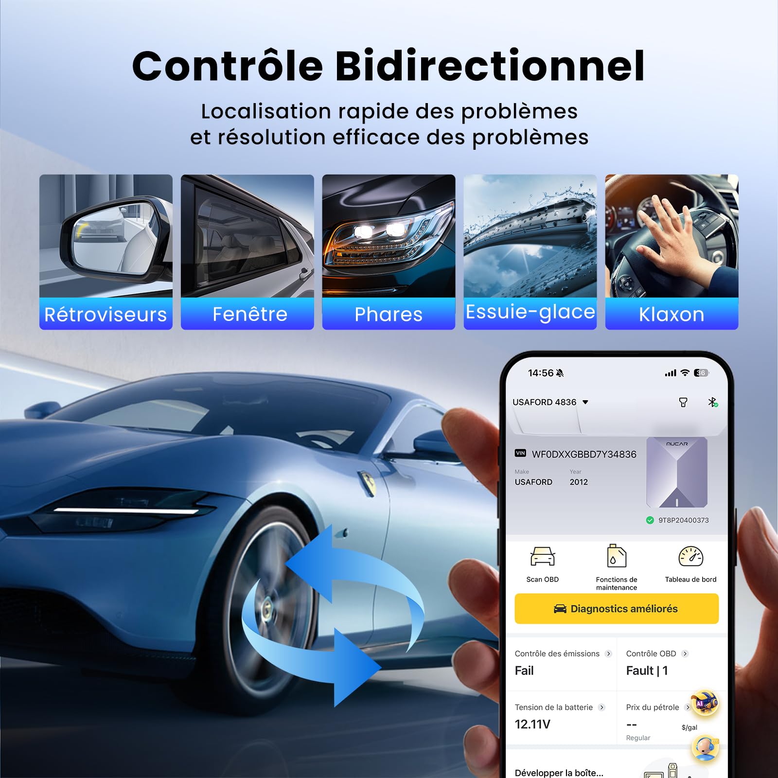 MUCAR BT200 MAX Assisté par l'IA Valise Diagnostic Voiture Bluetooth, Prise en Charge ELM327, Diagnostic Complet du Système avec Tests D'action Bidirectionnels, 15 Fonctions Maintenance, Gratuit à Vie