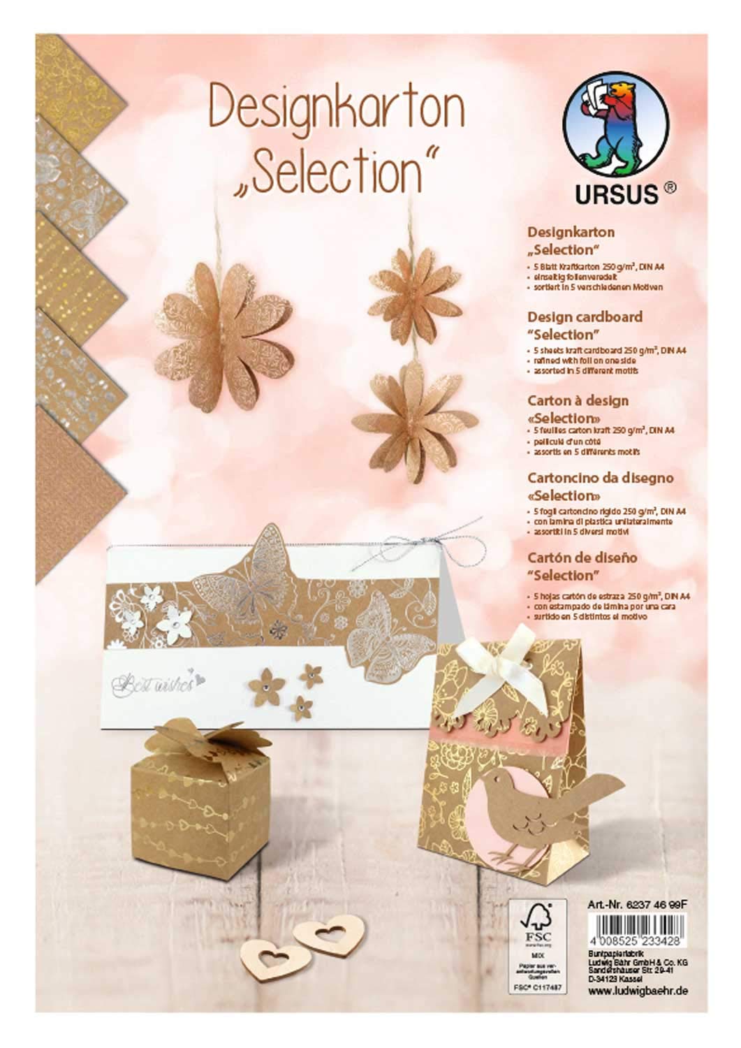 Ursus Selection 62374699F Design Cardboard 5 Sheets 250 g/m² DIN A4 Assorted in 5 Different Designs, Refined Foil on One Side in Silver, Gold and Rose, Multi-Coloured