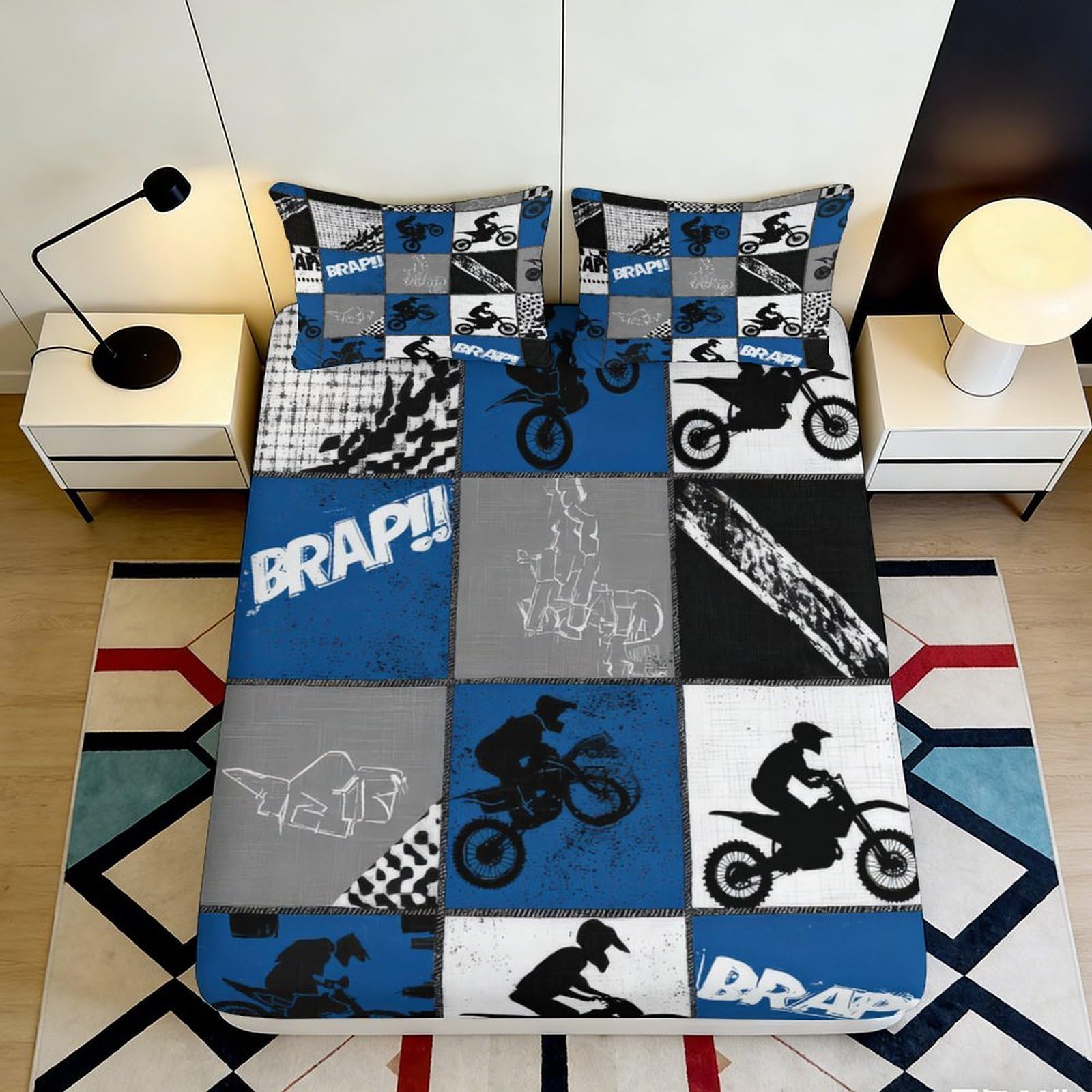 3D Printed Motocross Racing Fitted Sheet Microfiber Blue Checkerboard Motorcycle Bed Cover for Bedroom Decor Mattress Protection 90x200x25cm