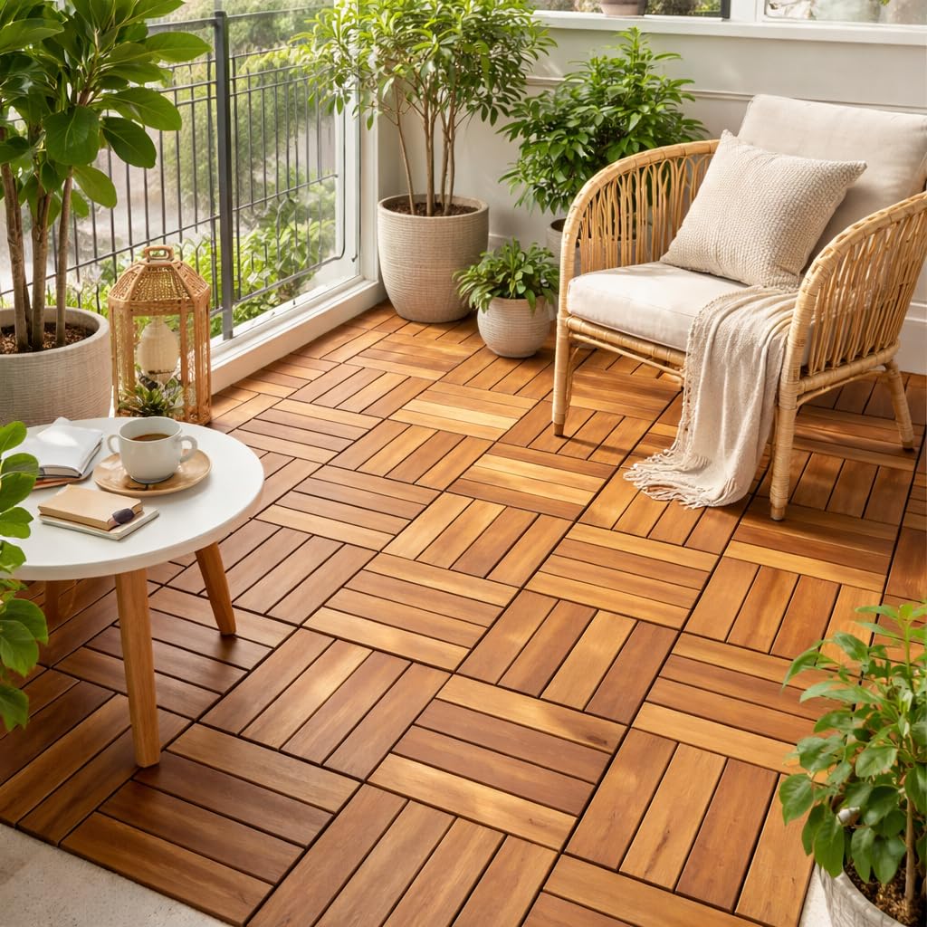 Ma Maison Set di Piastrelle in Legno di Acacia 30x30x2h cm - 12 Dogne Ciascuna, Pavimento Esterno, Giardino, Sistema a Incastro, per Terrazza, Patio, Resistente - Set da 48PZ - 3