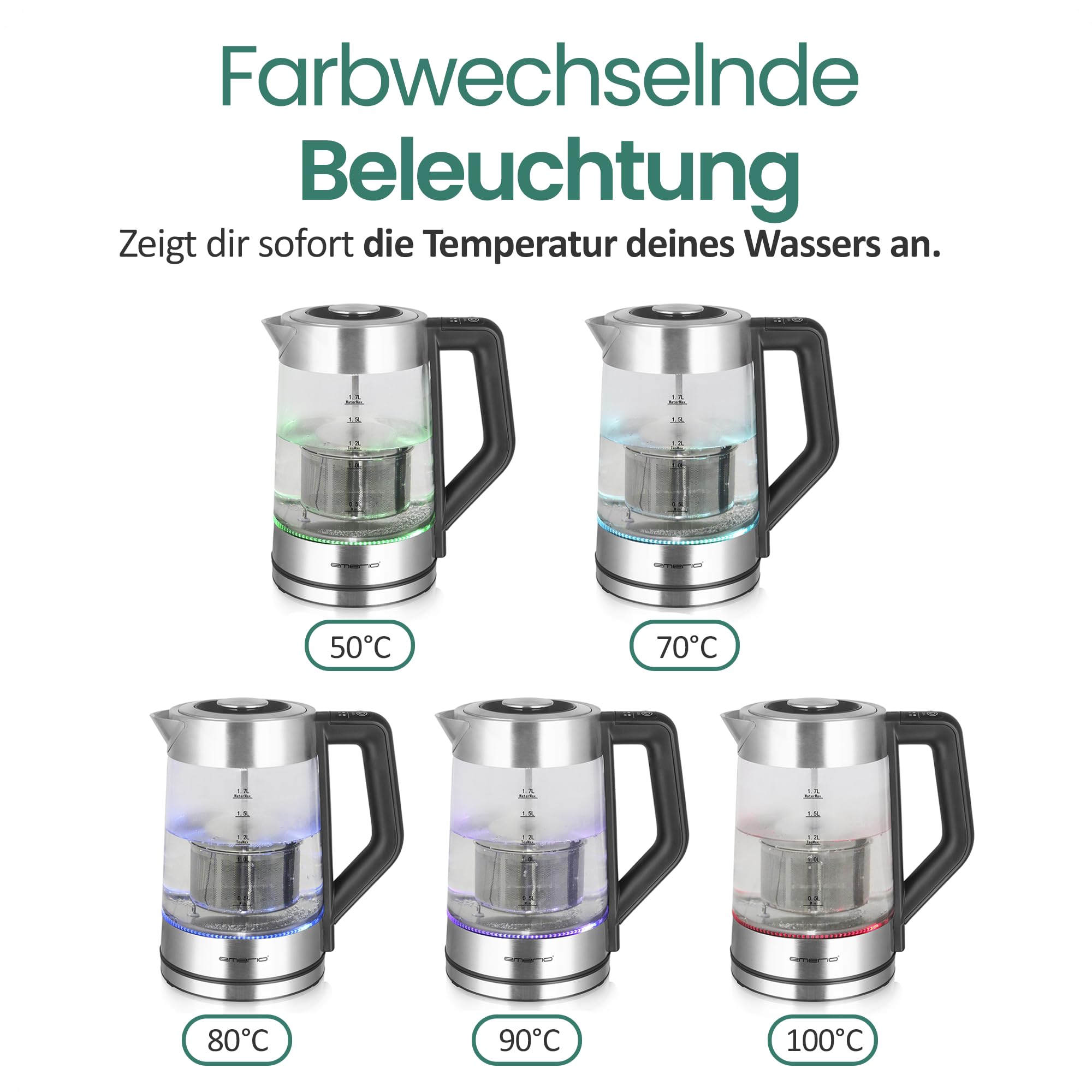 Emerio WK-122730 Bouilloire en verre avec sélection de température [50|70|80|90|100 °C], bouilloire bouilloire manuelle en acier inoxydable amovible, verre borosilicate, volume 1,7 l, 2200 W, argent