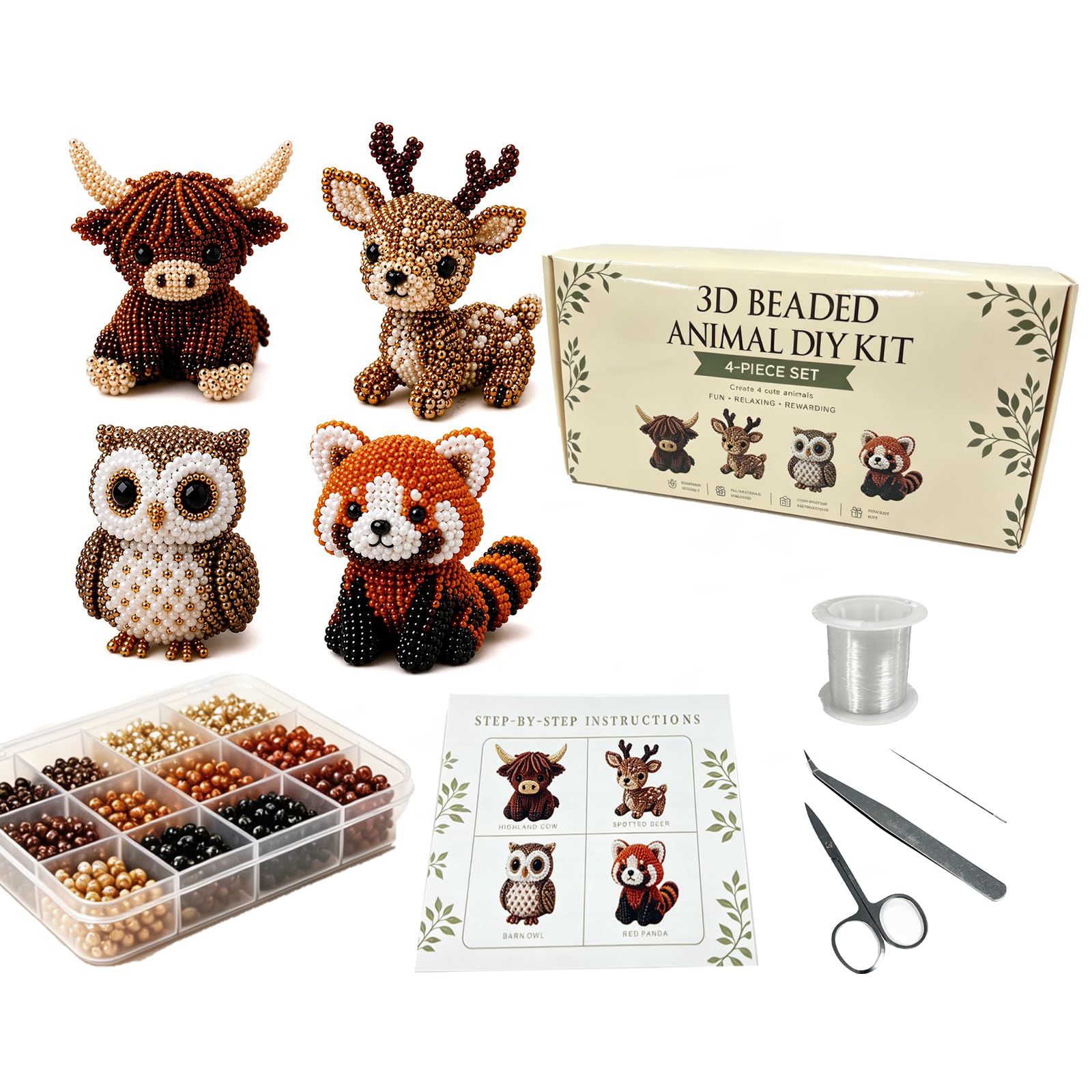 Zouwel Tiny 3D Beaded Animal DIY Kit -2026 New Craft Kit with 4 Cute Designs, Complete Bead Animals Making Set with Essential Tools & Instruction for Adults Teens Beginners (Animal)