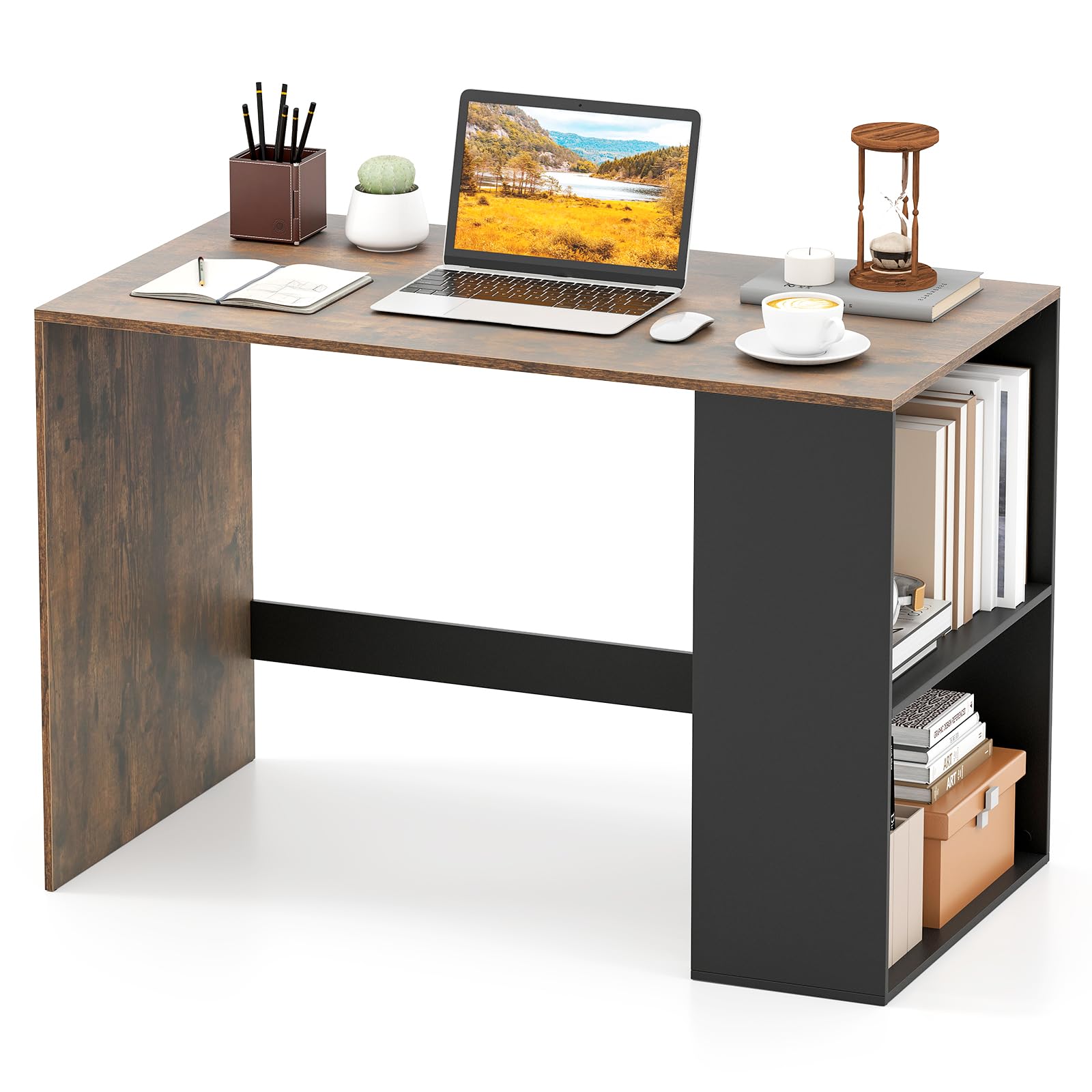 COSTWAY Compact Computer Desk, Small Wooden Study Writing Workstation with Open Compartment, Modern Simple PC Laptop Table Working Desk for Home Office Bedroom (Rustic Brown+Black, 112 x 60 x 75 cm)