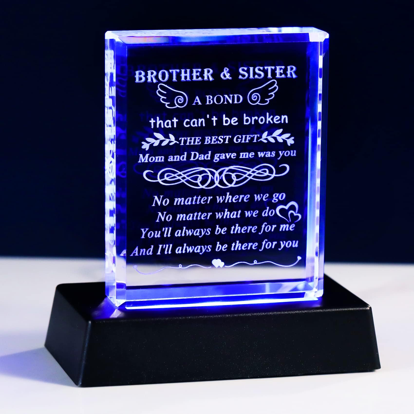 YWHLBest Brother Gifts from Sister, Birthday Gifts for Sister from Brother, Crystal Keepsake Gifts for Brother Adult, Big Sisters Brothers Present with Colorful Light Base