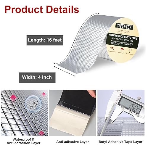 Miniatura 9 de Civeetek Cinta de butilo impermeable, cinta adhesiva de aluminio para reparación de fugas al aire libre, para tubería, toldo de caravana, vela,
