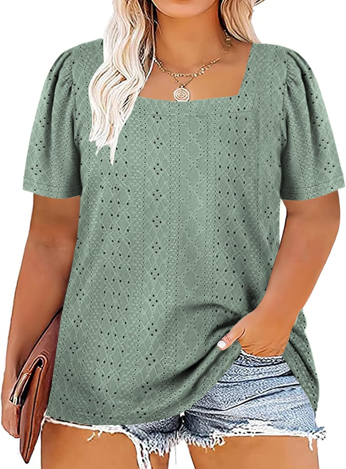 VISLILY Womens-Plus-Size-Summer-Tops Square Neck T Shirts Puff Short Sleeve Blouses Eyelet Tunics XL-5XL