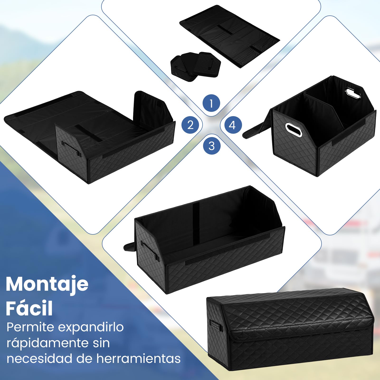 COSTWAY Organizador de Maletero de Coche de Cuero con Tapa, Caja de Almacenamiento Plegable con Divisor Extraíble y Gran Capacidad para SUV, Sedán, Camping y Hogar (51 L,Negra Superficie Acolchada)
