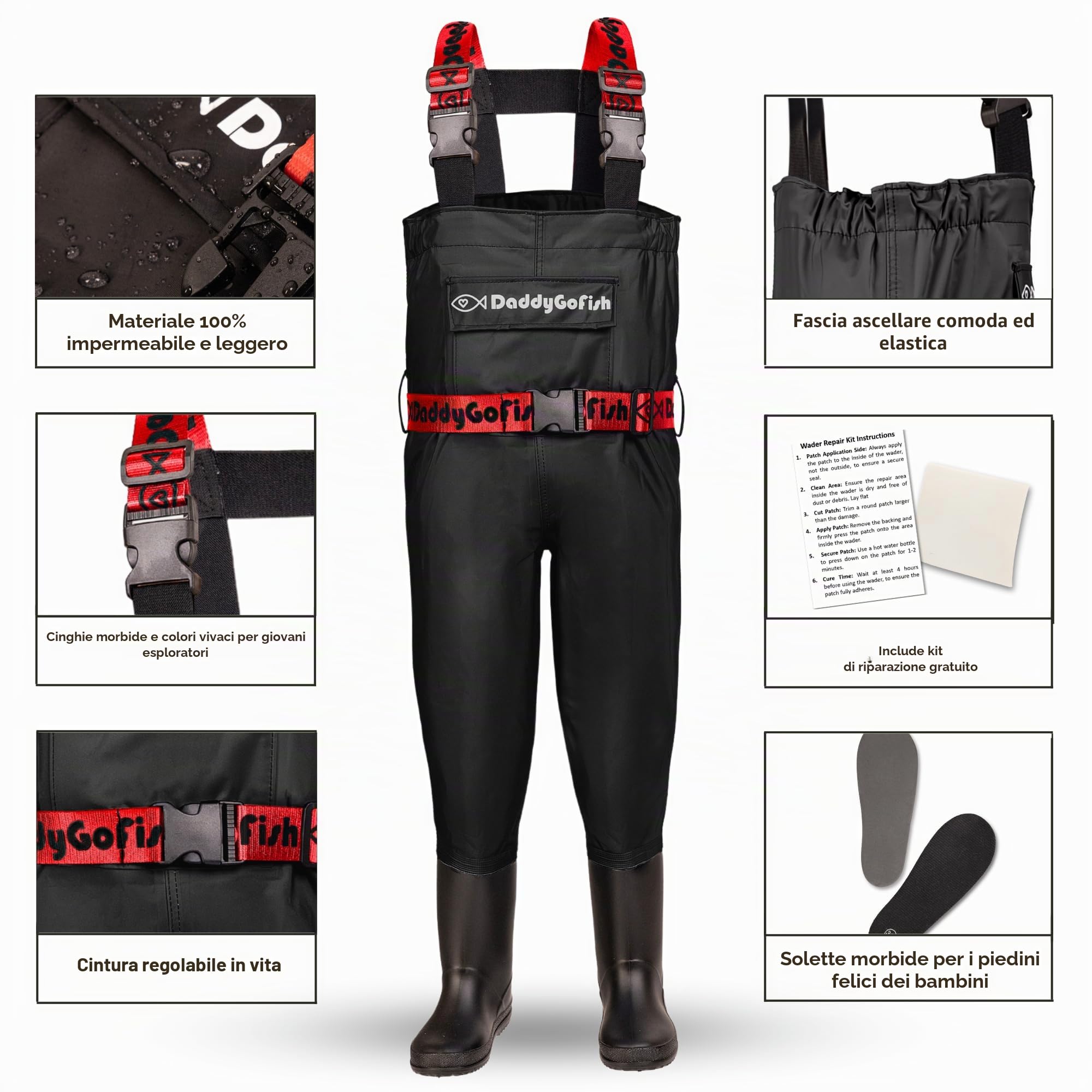 DaddyGoFish Wader pettorale per bambini e adulti, Waders da pesca e da caccia con tasca e gancio per wader, Nero - Età 5-6