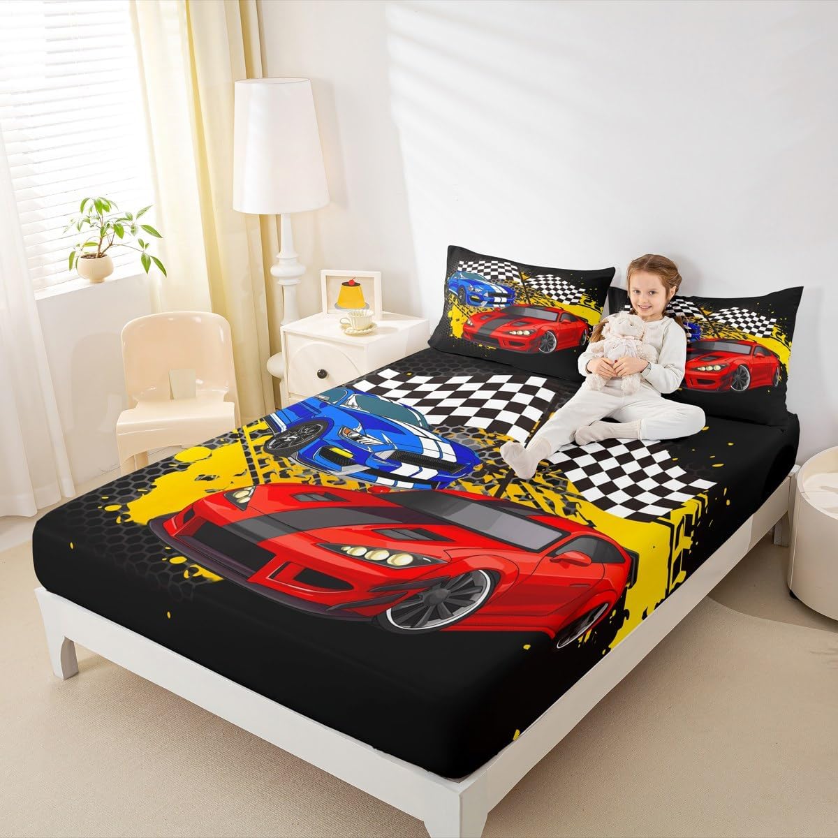 Race Sports Car Bed Sheet Set Speed Racing Car Fitted Sheets Bedding Set with 2 Pillow Shams Black and White Grid Bed Sheet Set Racing Theme Bed Cover 3Pcs Full Size,No Flat Sheet No Flat Sheet